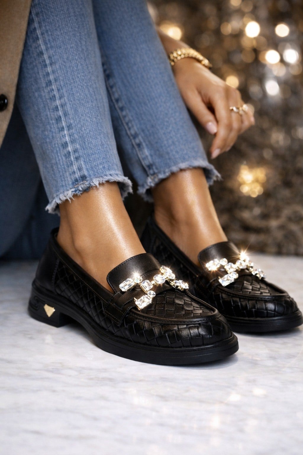 Aura Diamond Örgü Deri Loafer Siyah - Loafer