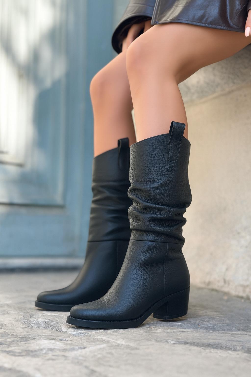 Battu Hakiki Deri Çizme Siyah - Cowboy Çizme