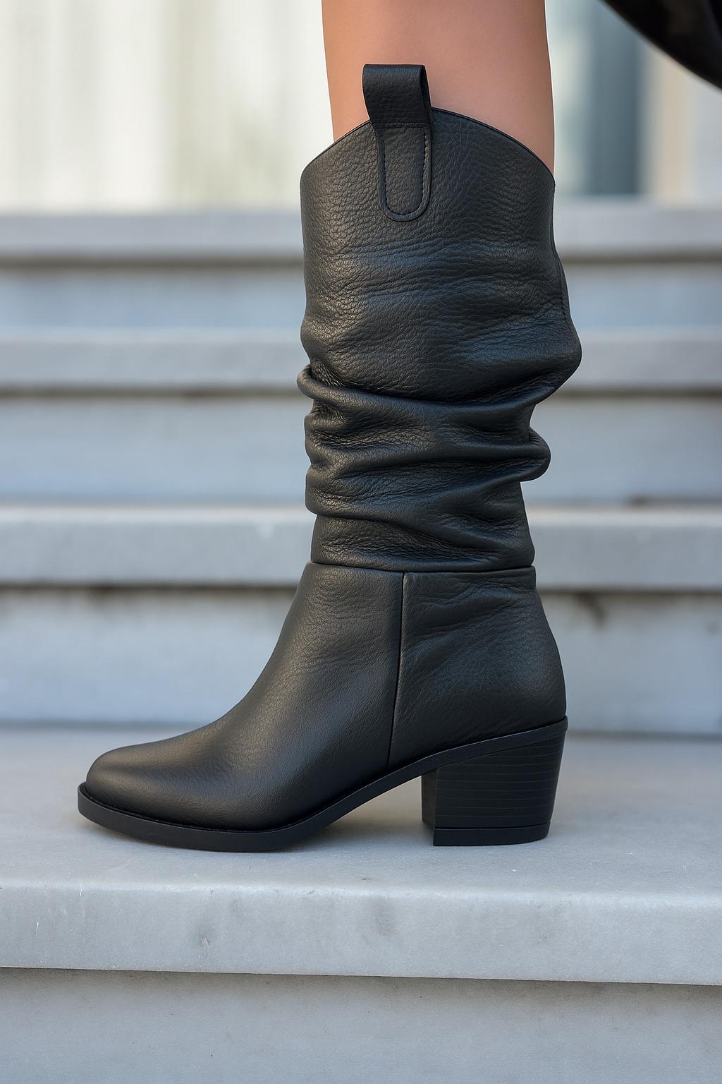 Battu Hakiki Deri Çizme Siyah - Cowboy Çizme