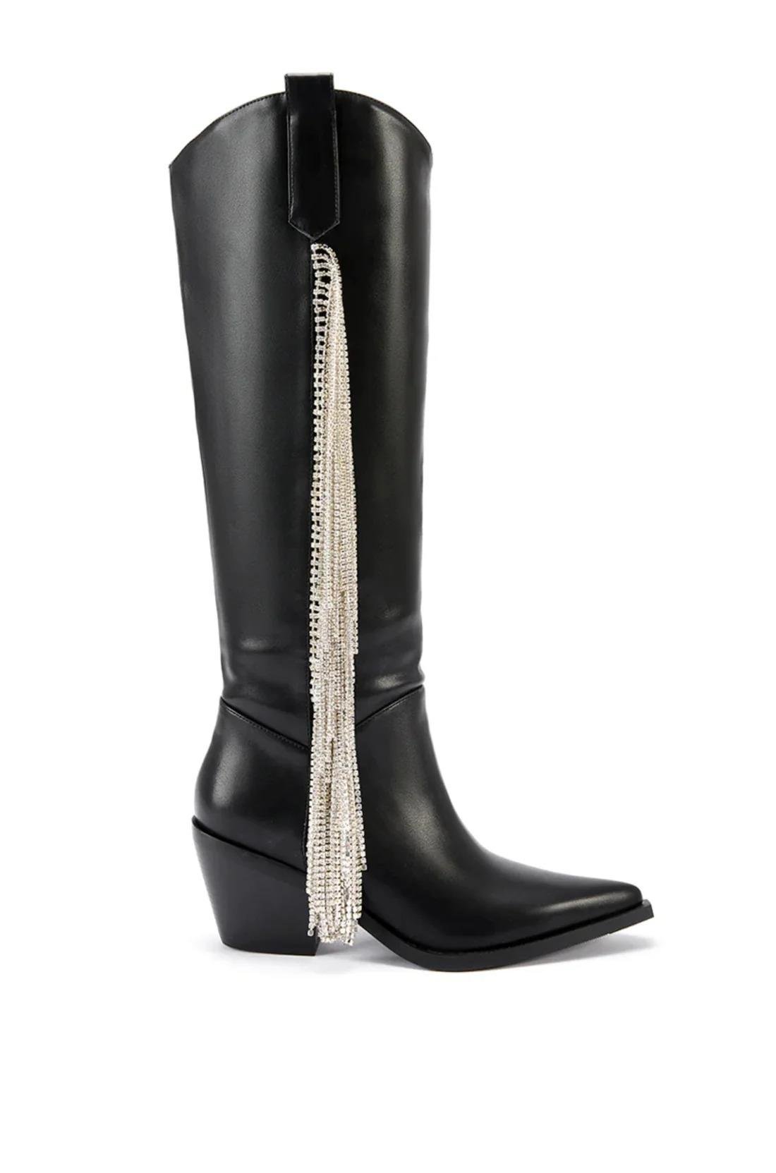 Beat Kristal Taşlı Kovboy Çizme Siyah - LONG BOOTS