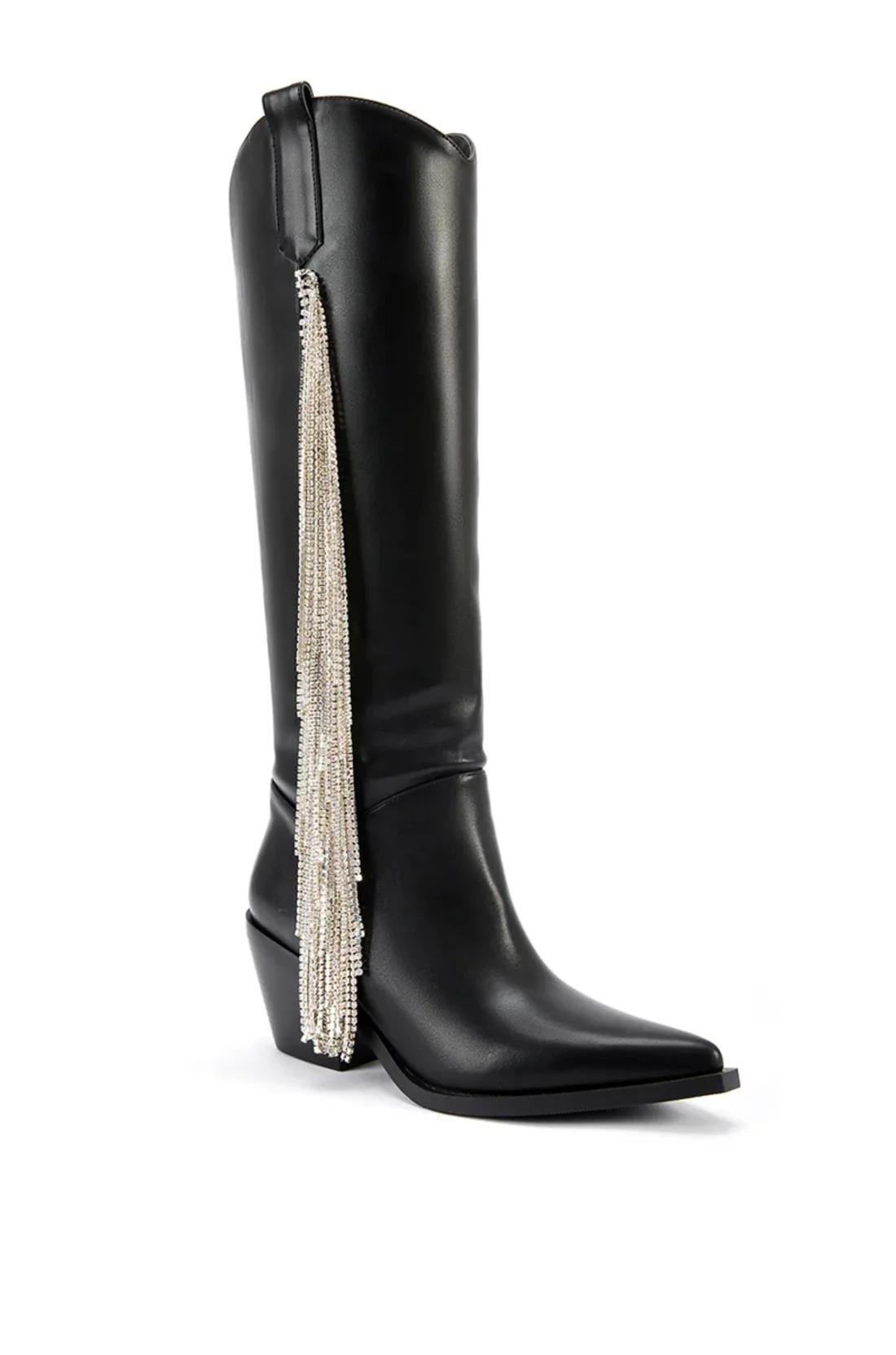 Beat Kristal Taşlı Kovboy Çizme Siyah - LONG BOOTS