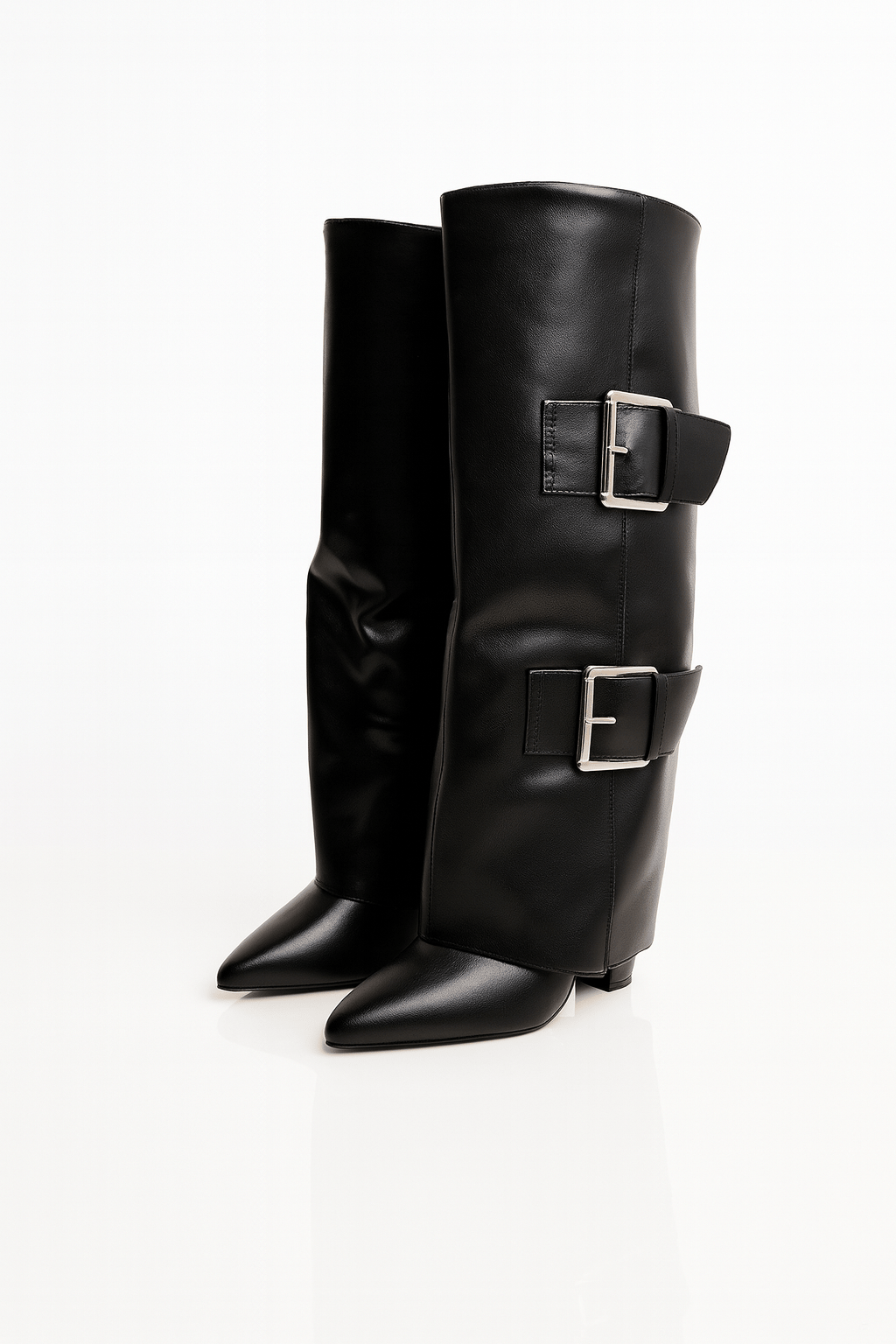 Bold Buckle Kalın Topuklu Çizme Siyah - Topuklu Çizme