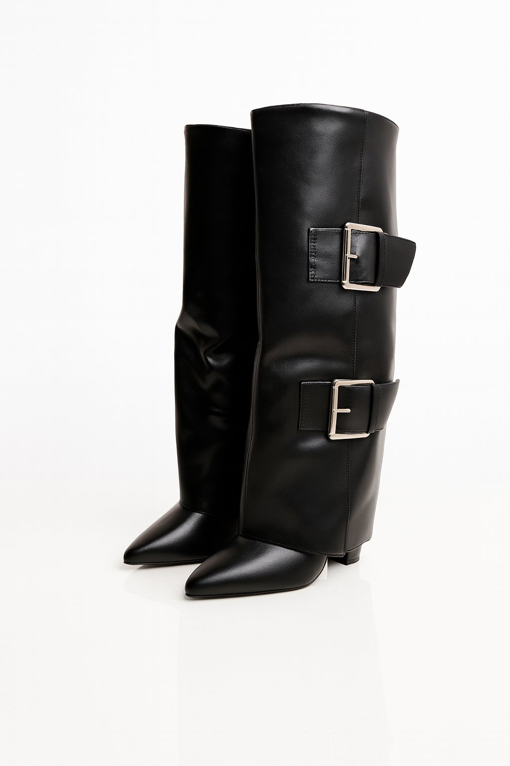 Bold Buckle Kalın Topuklu Çizme Siyah - Topuklu Çizme