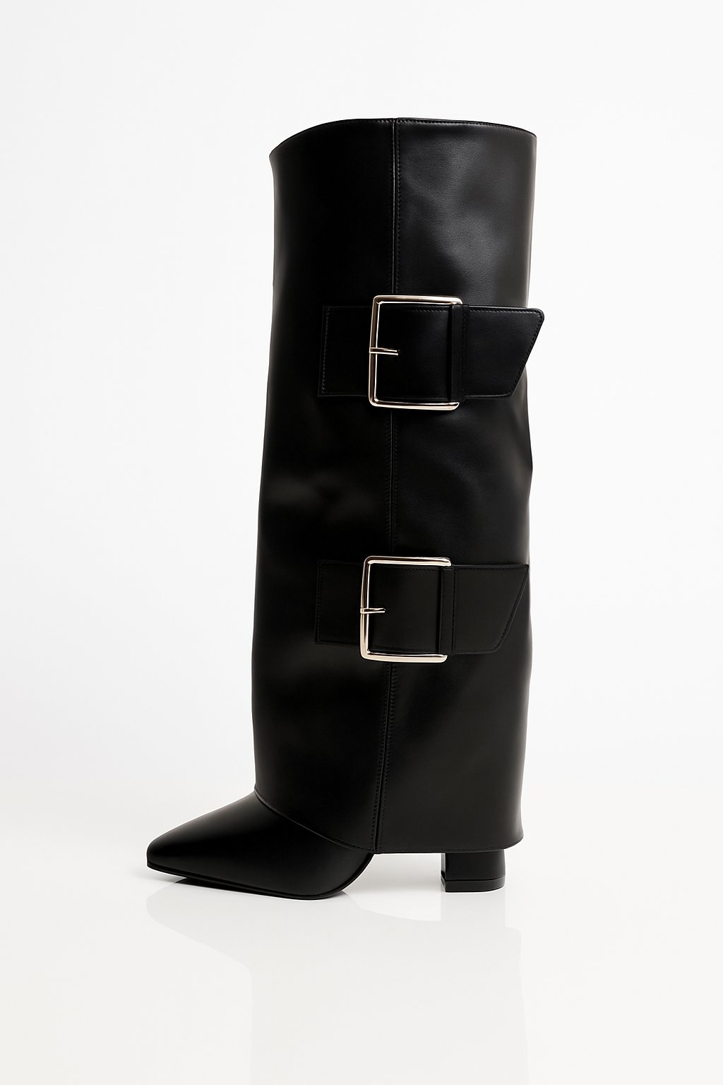 Bold Buckle Kalın Topuklu Çizme Siyah - Topuklu Çizme