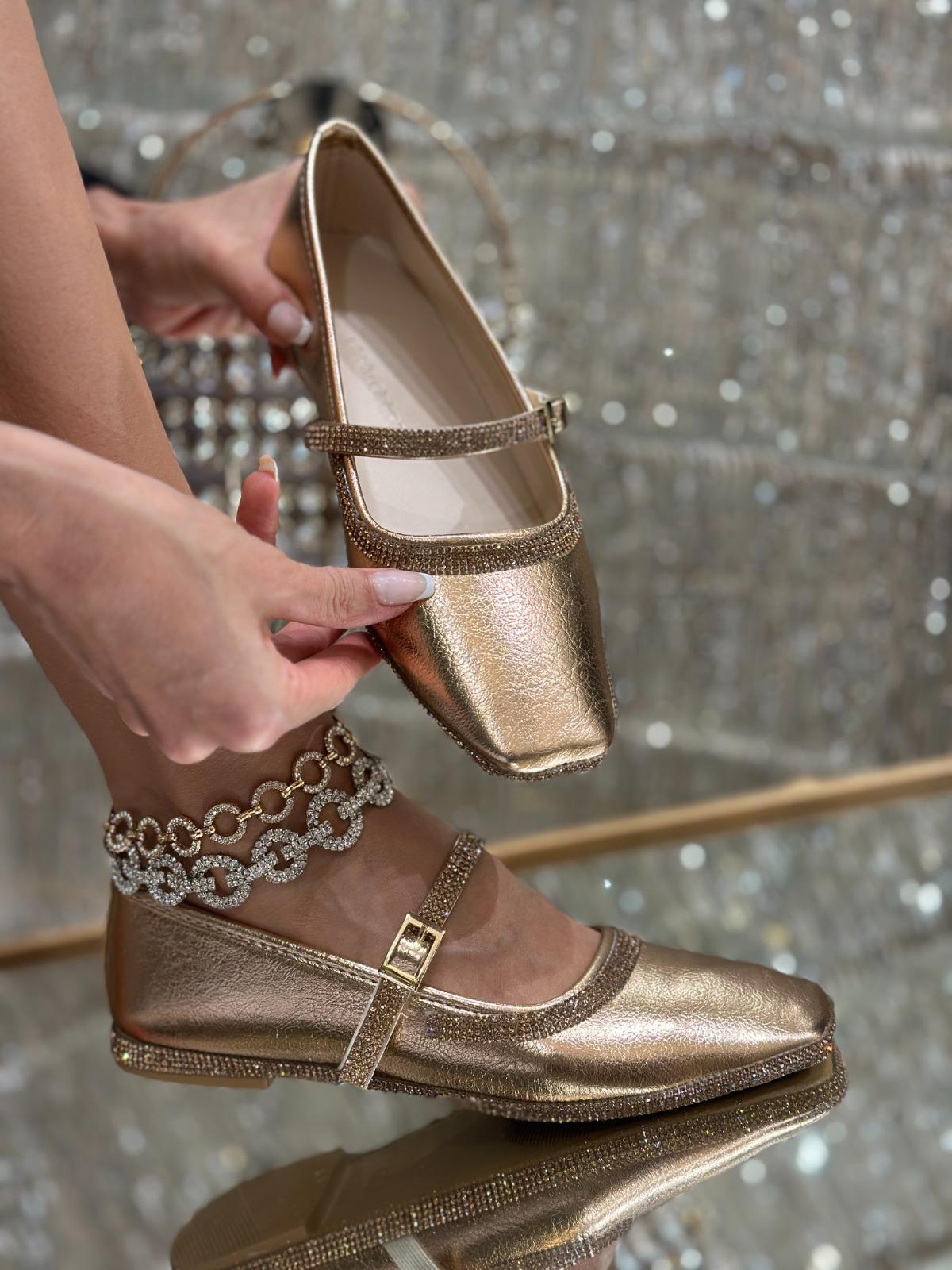Boris Kristal Taşlı Babet Gold - WOMAN SHOES
