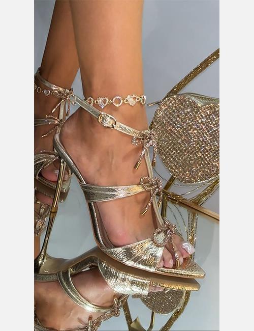 Bow Kristal Taşlı Topuklu Ayakkabı Gold - WOMAN SHOES