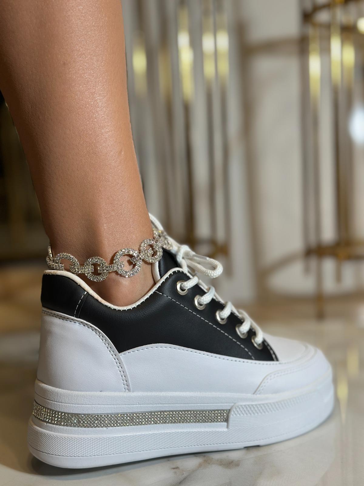 Core Kristal Taşlı Yüksek Taban Spor Ayakkabı Siyah Beyaz - Spor Ayakkabı