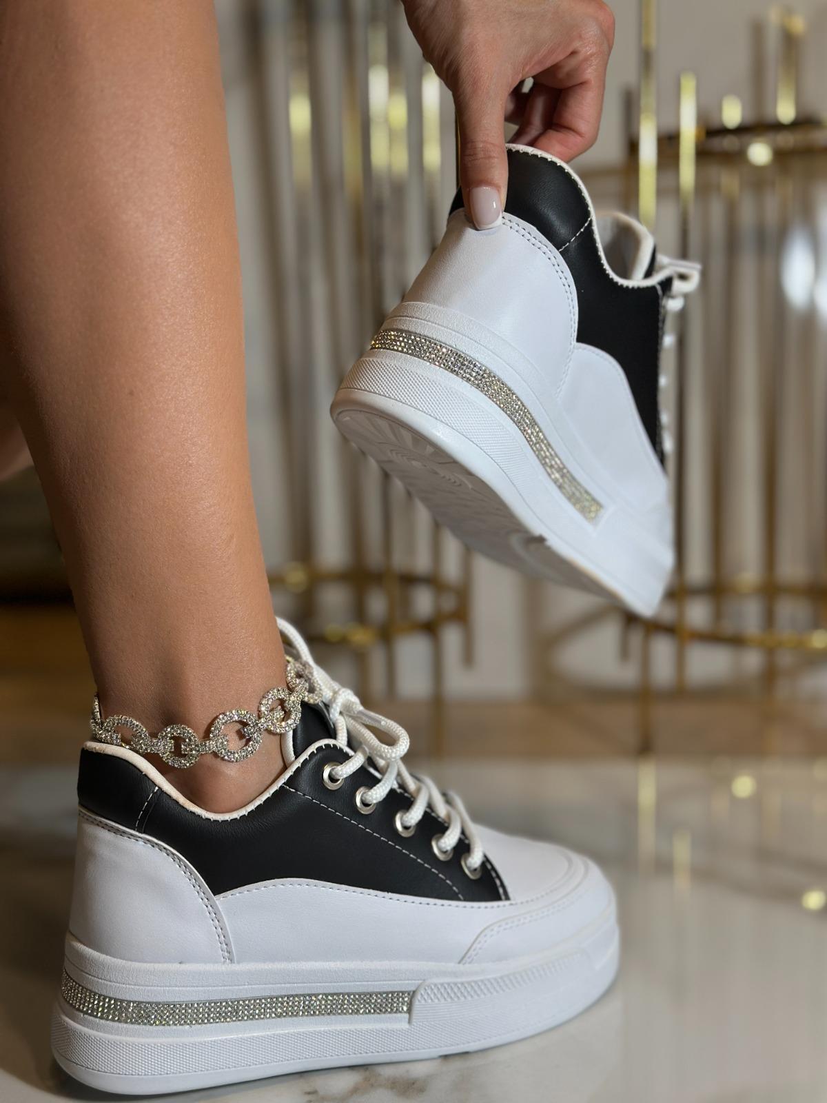 Core Kristal Taşlı Yüksek Taban Spor Ayakkabı Siyah Beyaz - Spor Ayakkabı