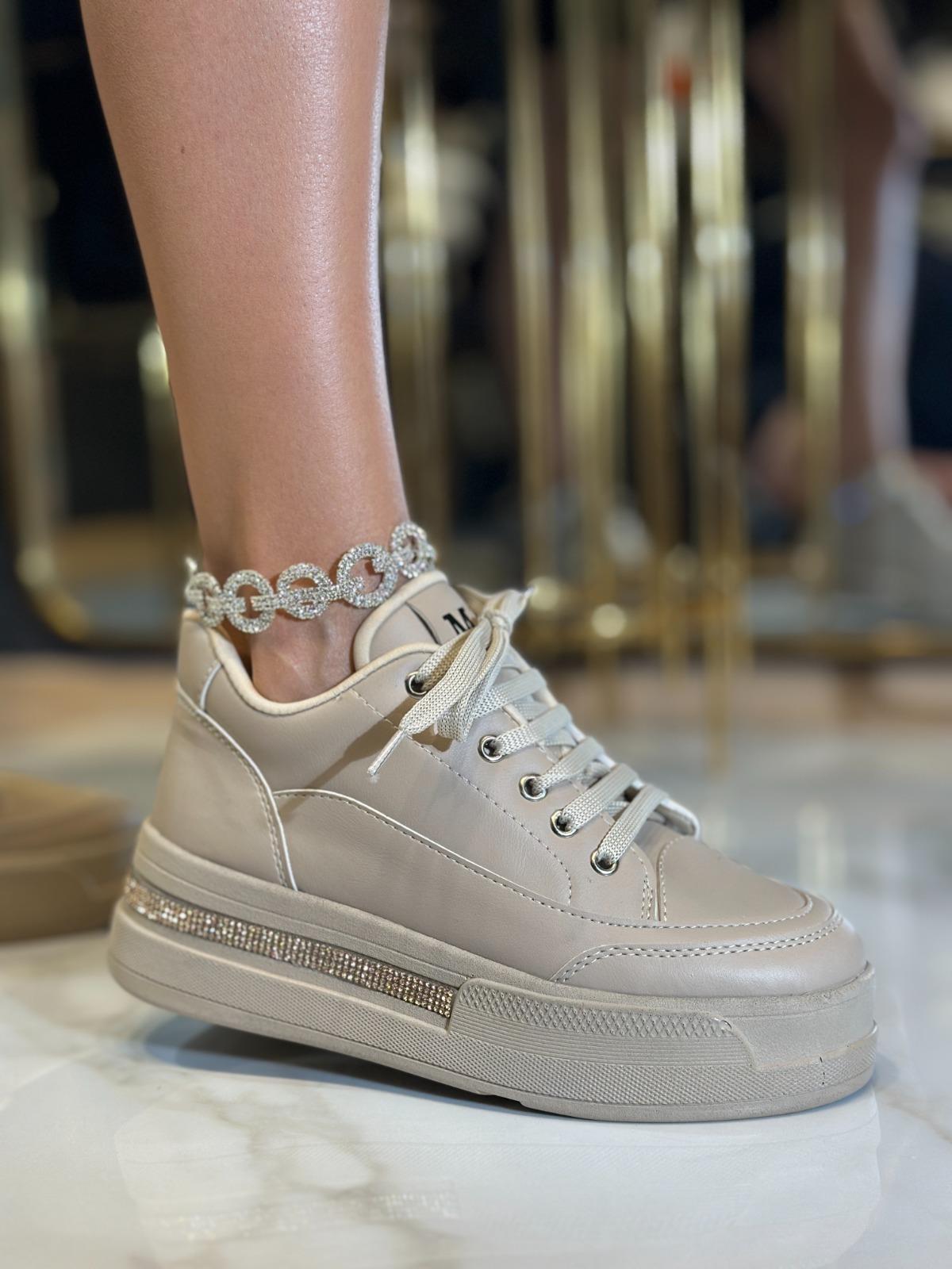 Core Kristal Taşlı Yüksek Tabanlı Spor Ayakkabı Bej - WOMAN SHOES
