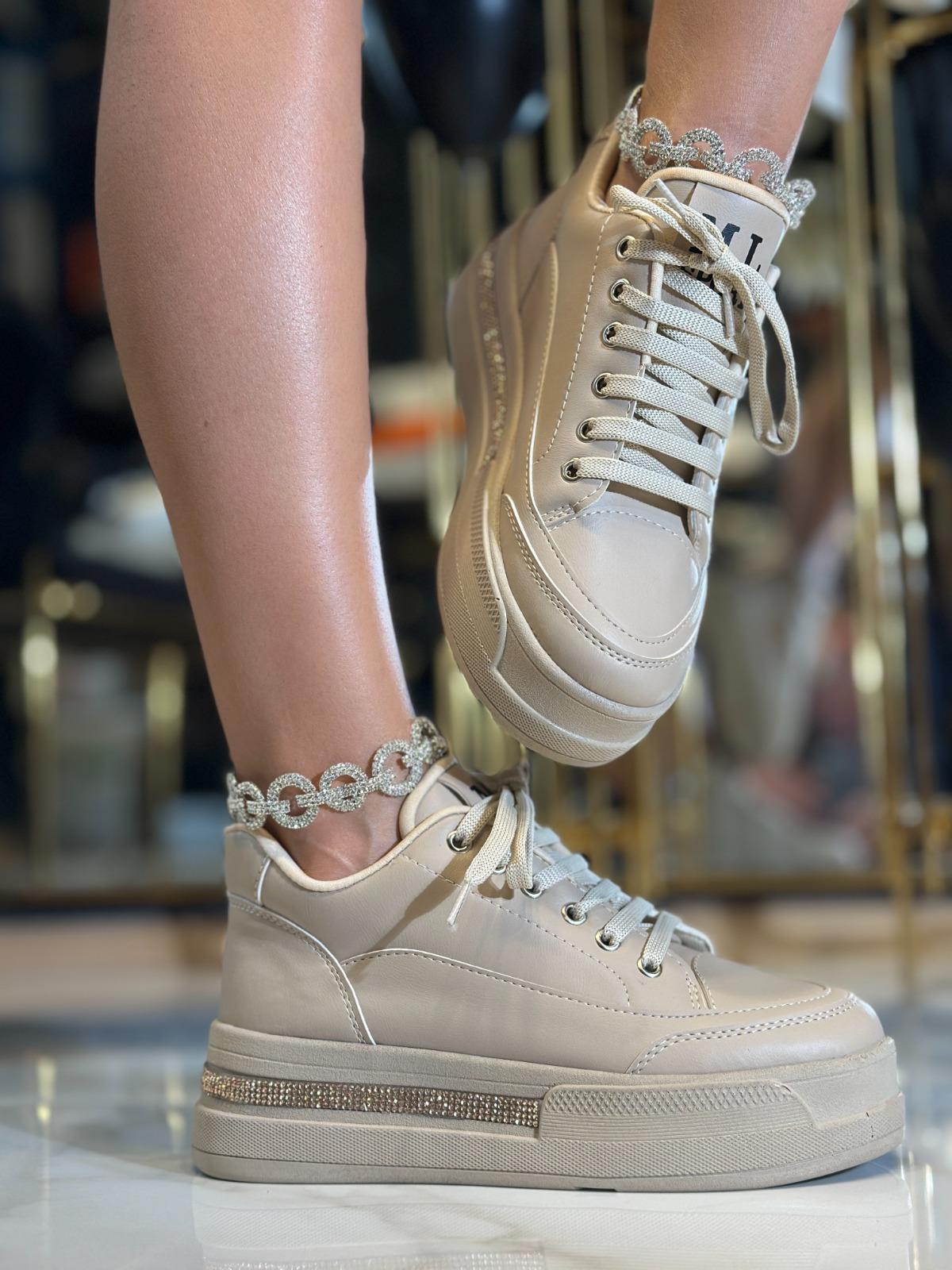 Core Kristal Taşlı Yüksek Tabanlı Spor Ayakkabı Bej - WOMAN SHOES
