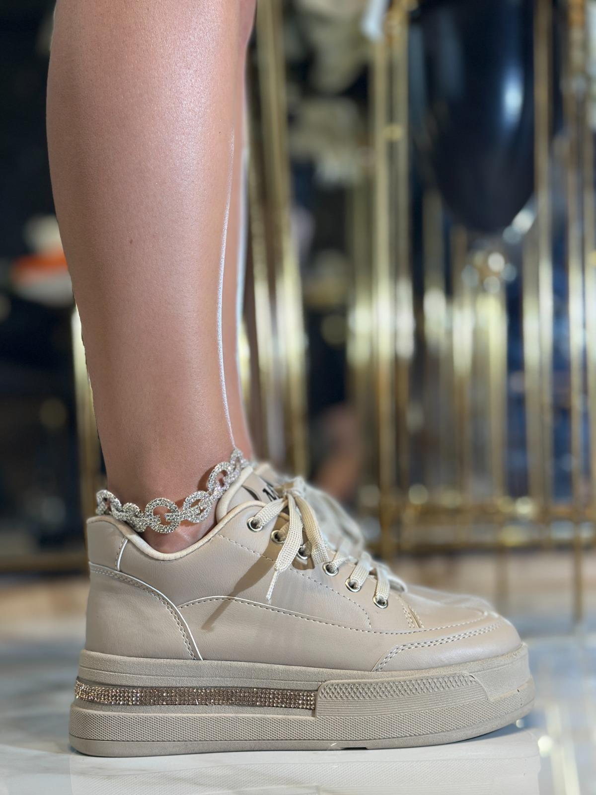 Core Kristal Taşlı Yüksek Tabanlı Spor Ayakkabı Bej - WOMAN SHOES