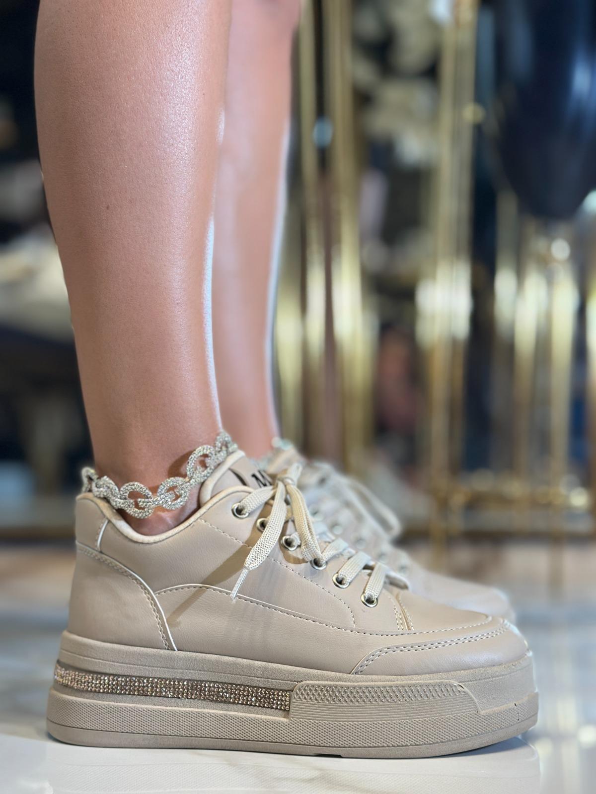Core Kristal Taşlı Yüksek Tabanlı Spor Ayakkabı Bej - WOMAN SHOES