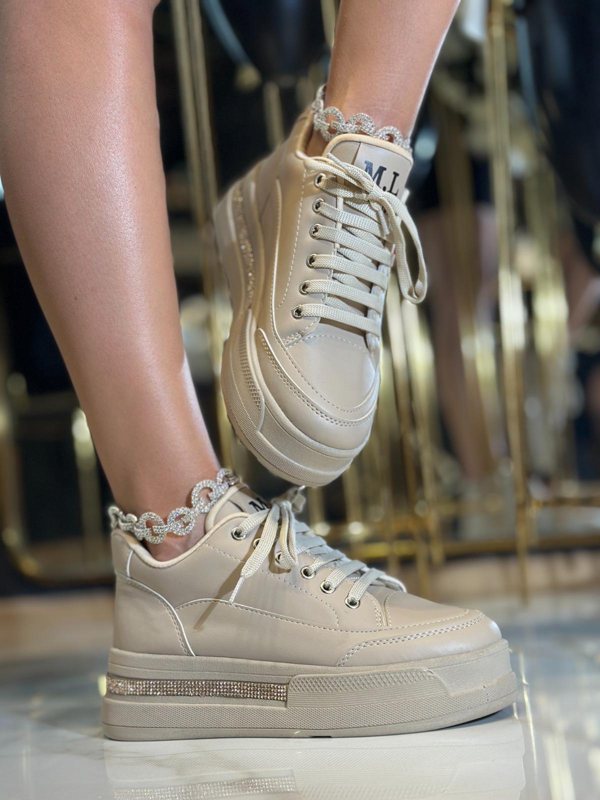 Core Kristal Taşlı Yüksek Tabanlı Spor Ayakkabı Bej - WOMAN SHOES