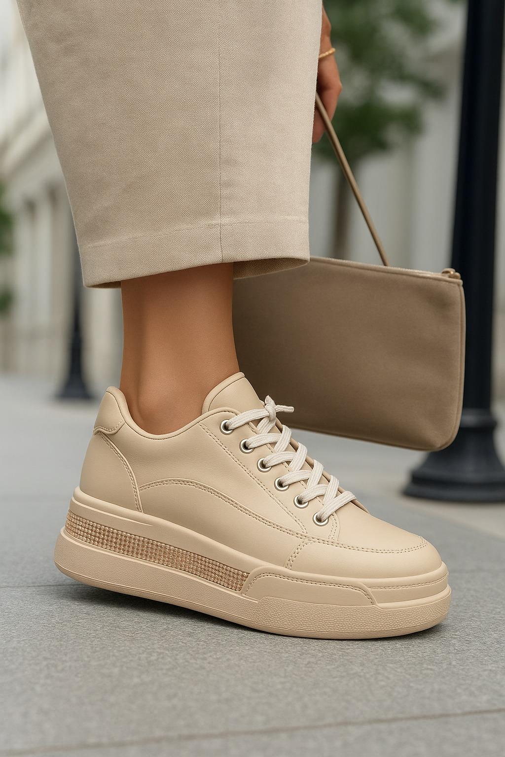 Core Kristal Taşlı Yüksek Tabanlı Spor Ayakkabı Bej - WOMAN SHOES