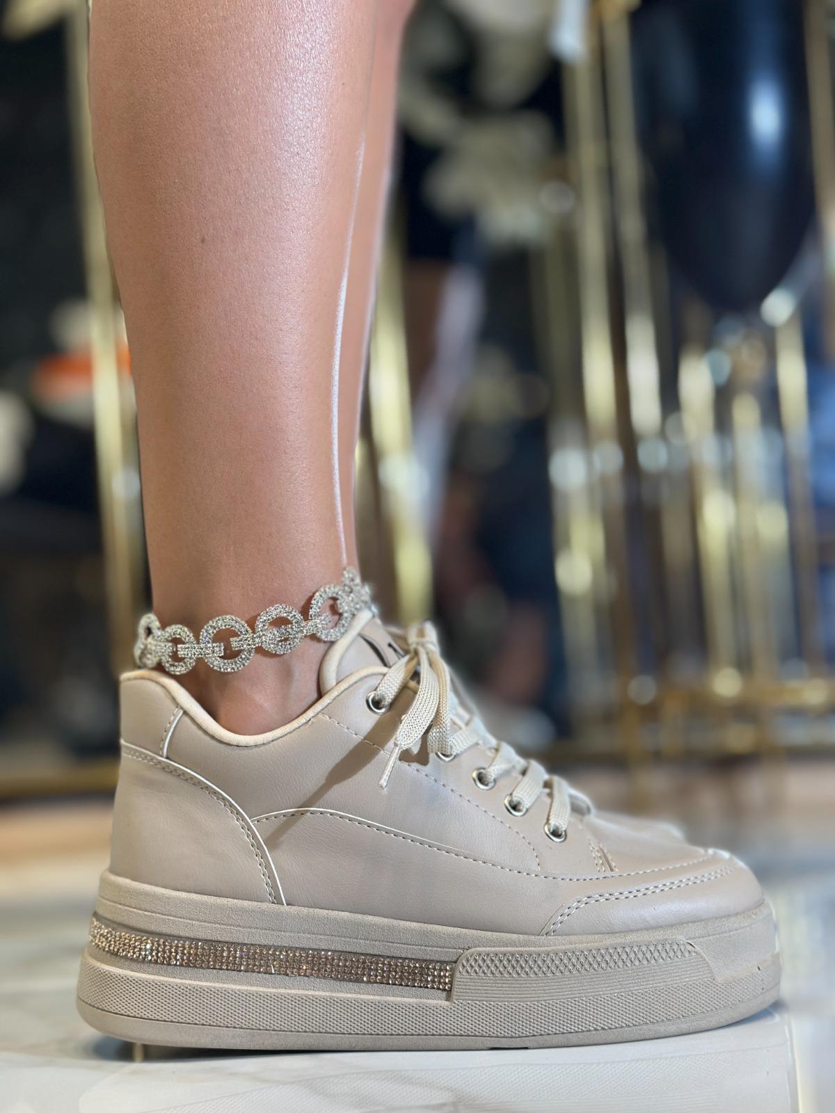 Core Kristal Taşlı Yüksek Tabanlı Spor Ayakkabı Bej - WOMAN SHOES