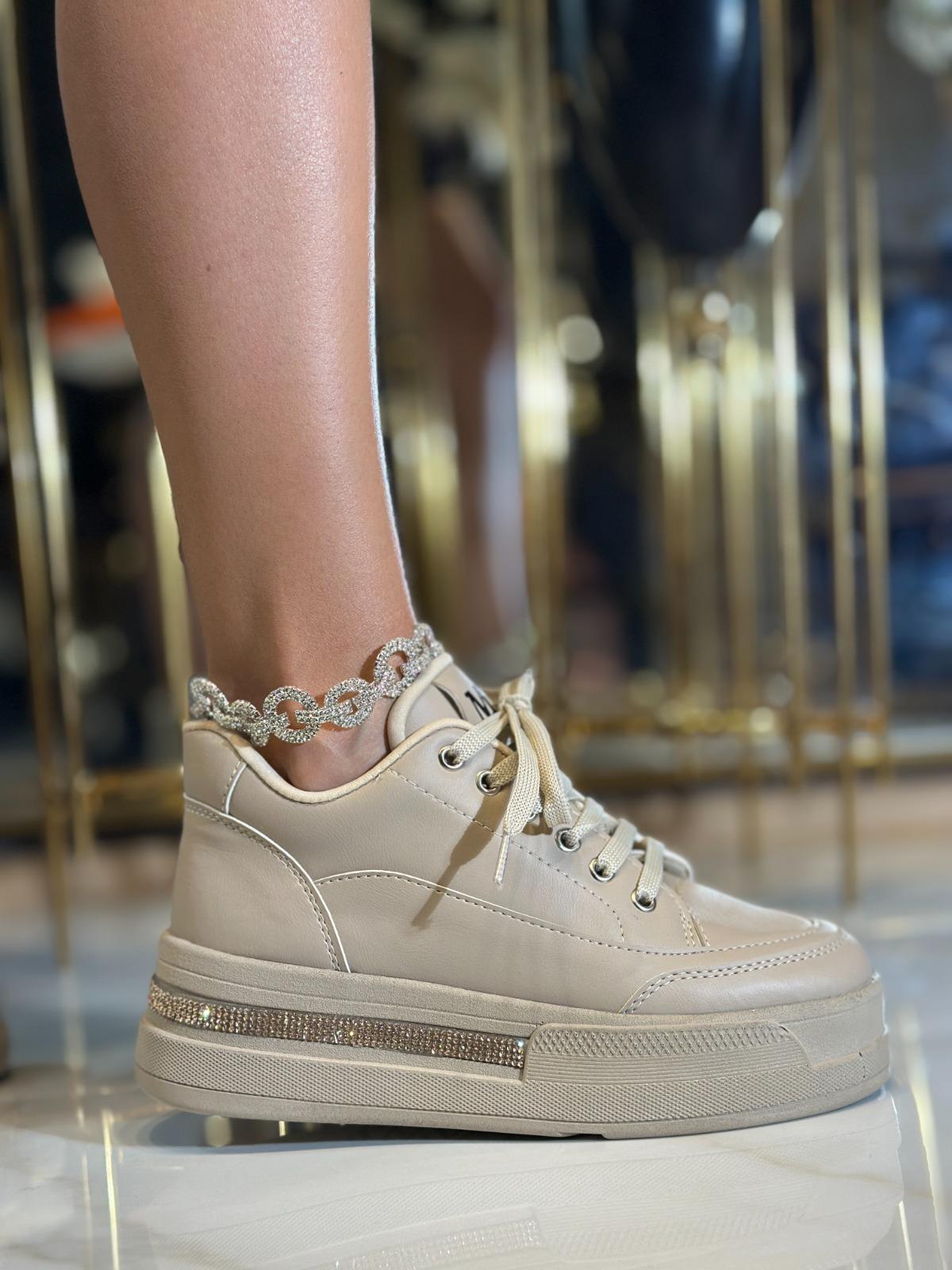 Core Kristal Taşlı Yüksek Tabanlı Spor Ayakkabı Bej - WOMAN SHOES