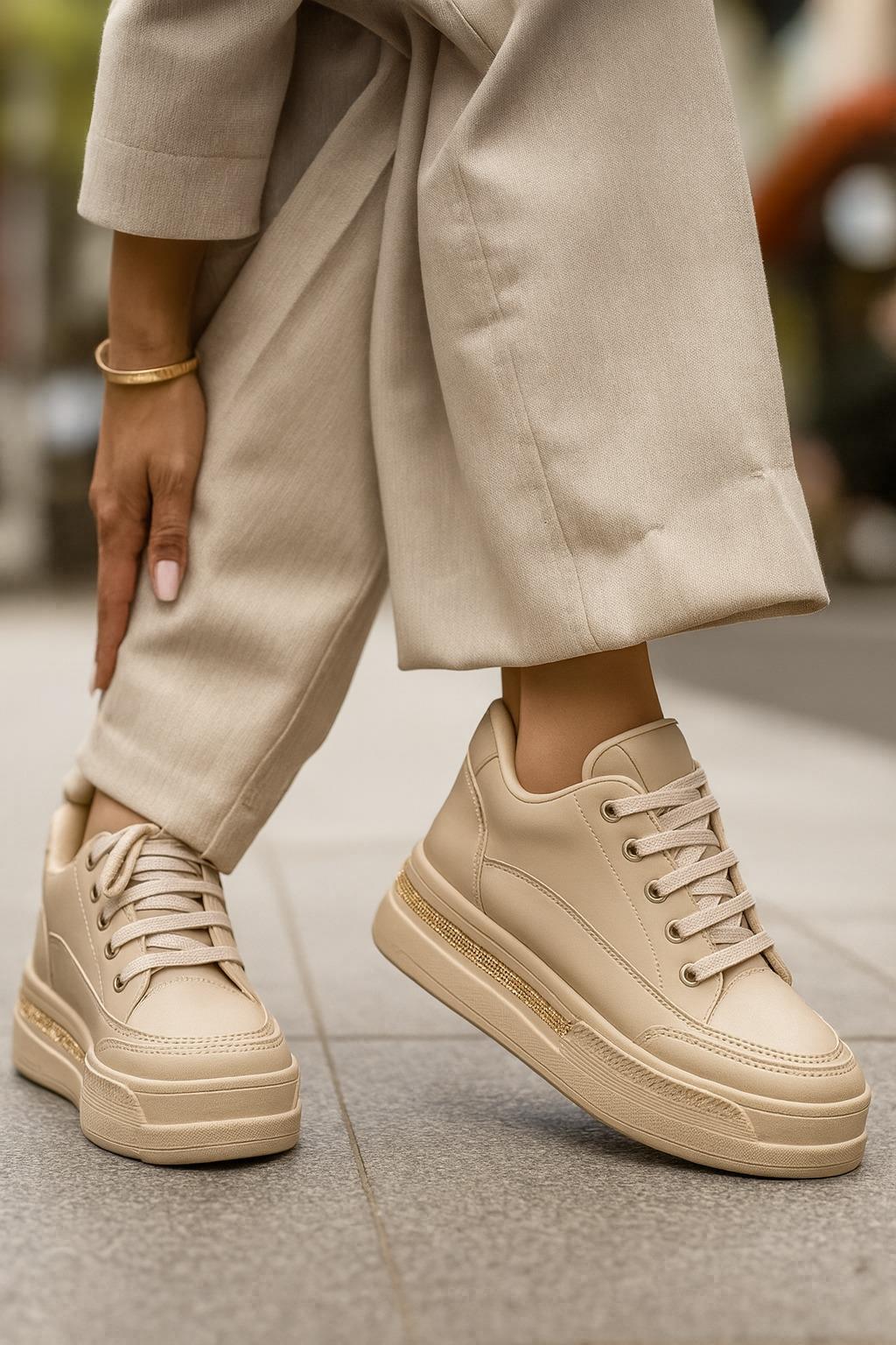 Core Kristal Taşlı Yüksek Tabanlı Spor Ayakkabı Bej - WOMAN SHOES