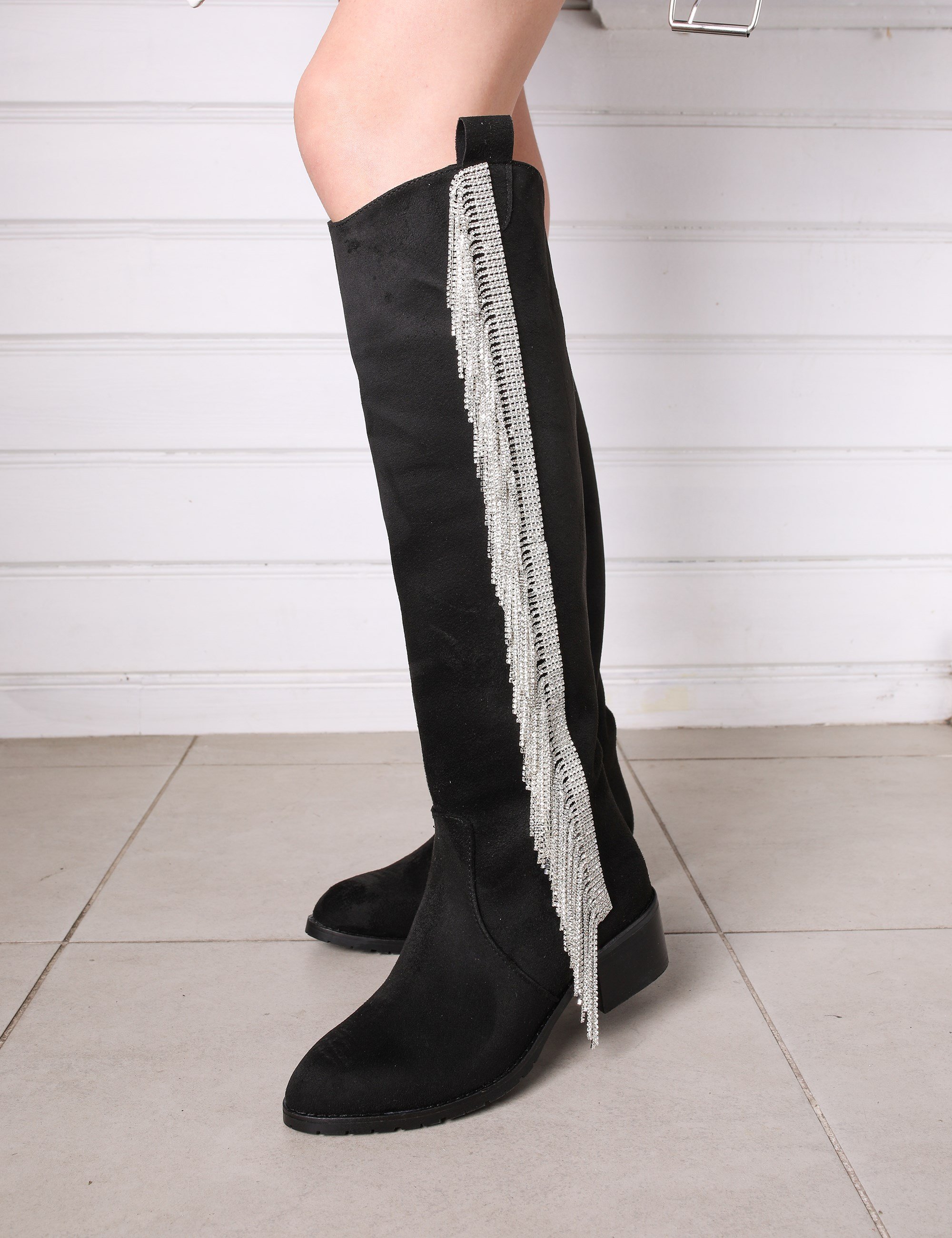 Dakato Kristal Taşlı Çizme Siyah - Long Boots