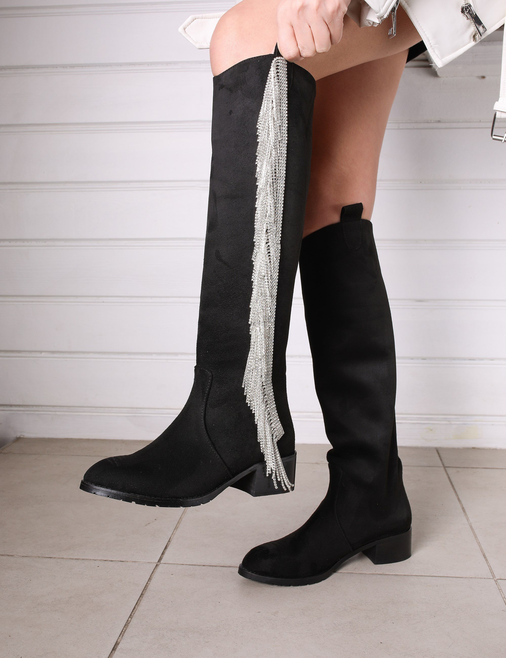 Dakato Kristal Taşlı Çizme Siyah - Long Boots