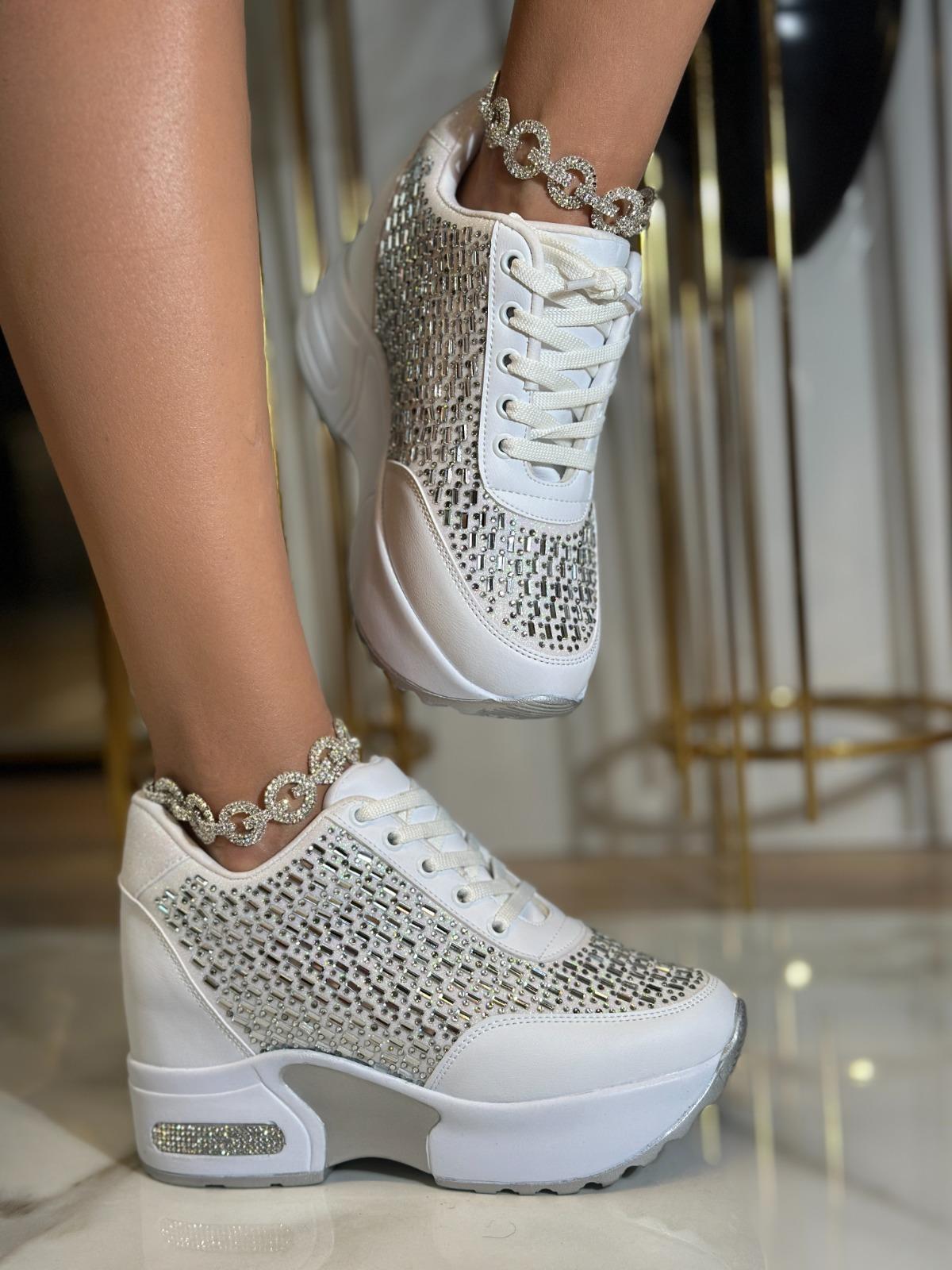 Dauge Kristal Taşlı Gizli Topuklu Spor Ayakkabı Beyaz - KADIN AYAKKABI