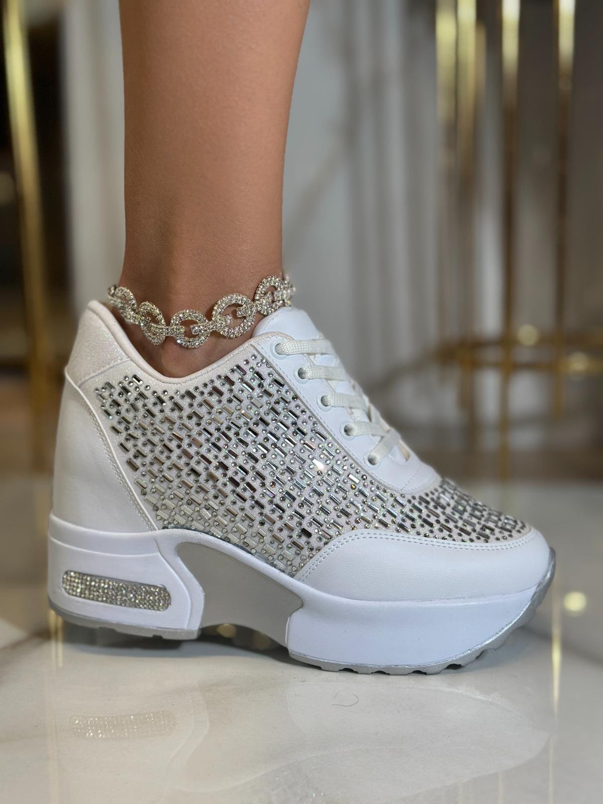 Dauge Kristal Taşlı Gizli Topuklu Spor Ayakkabı Beyaz - KADIN AYAKKABI