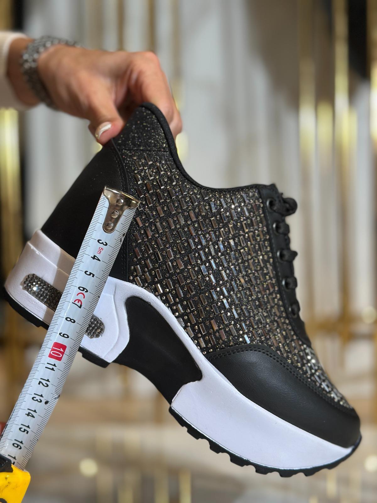 Dauge Kristal Taşlı Gizli Topuklu Spor Ayakkabı Siyah - Spor Ayakkabı