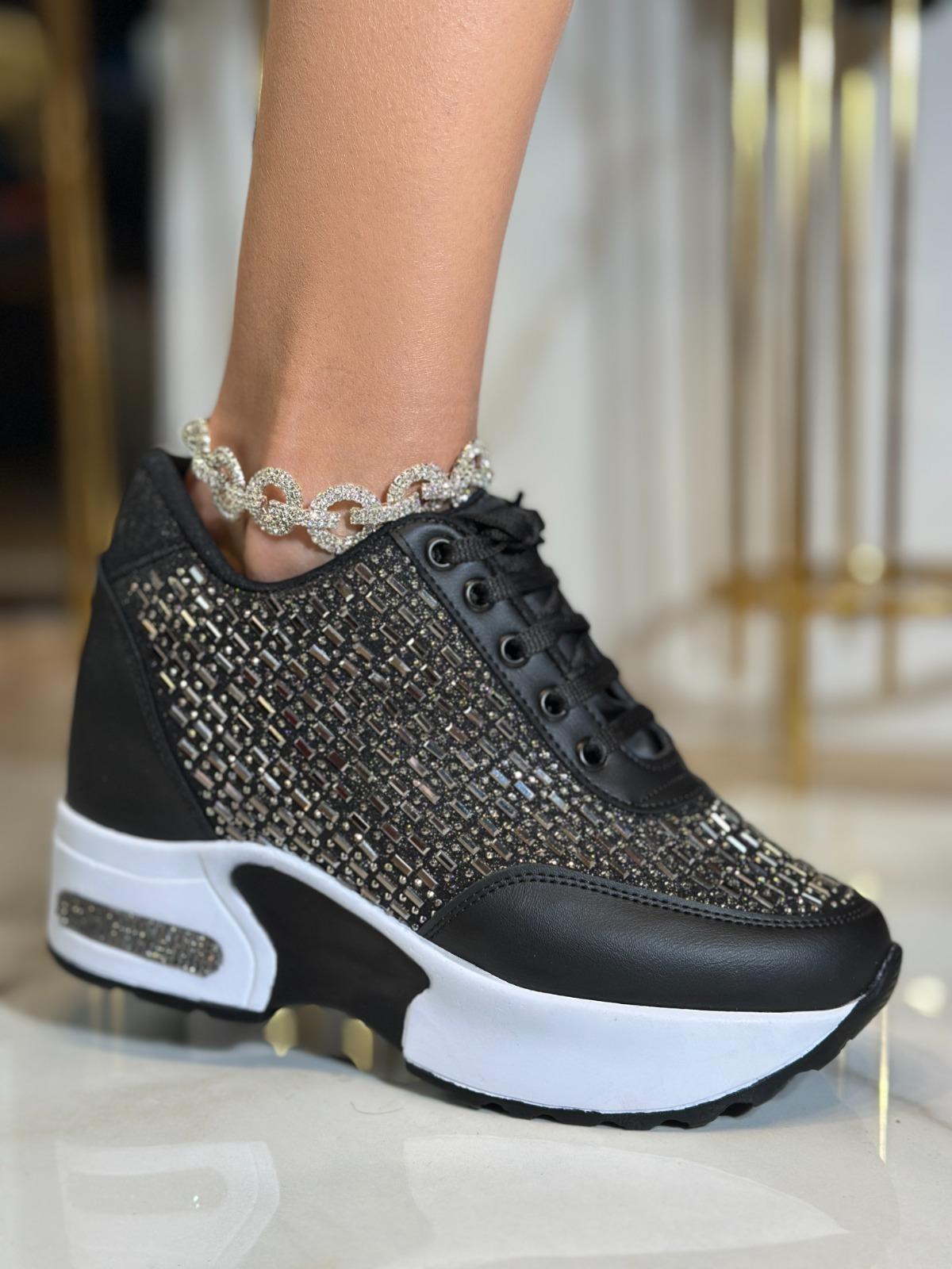 Dauge Kristal Taşlı Gizli Topuklu Spor Ayakkabı Siyah - Spor Ayakkabı