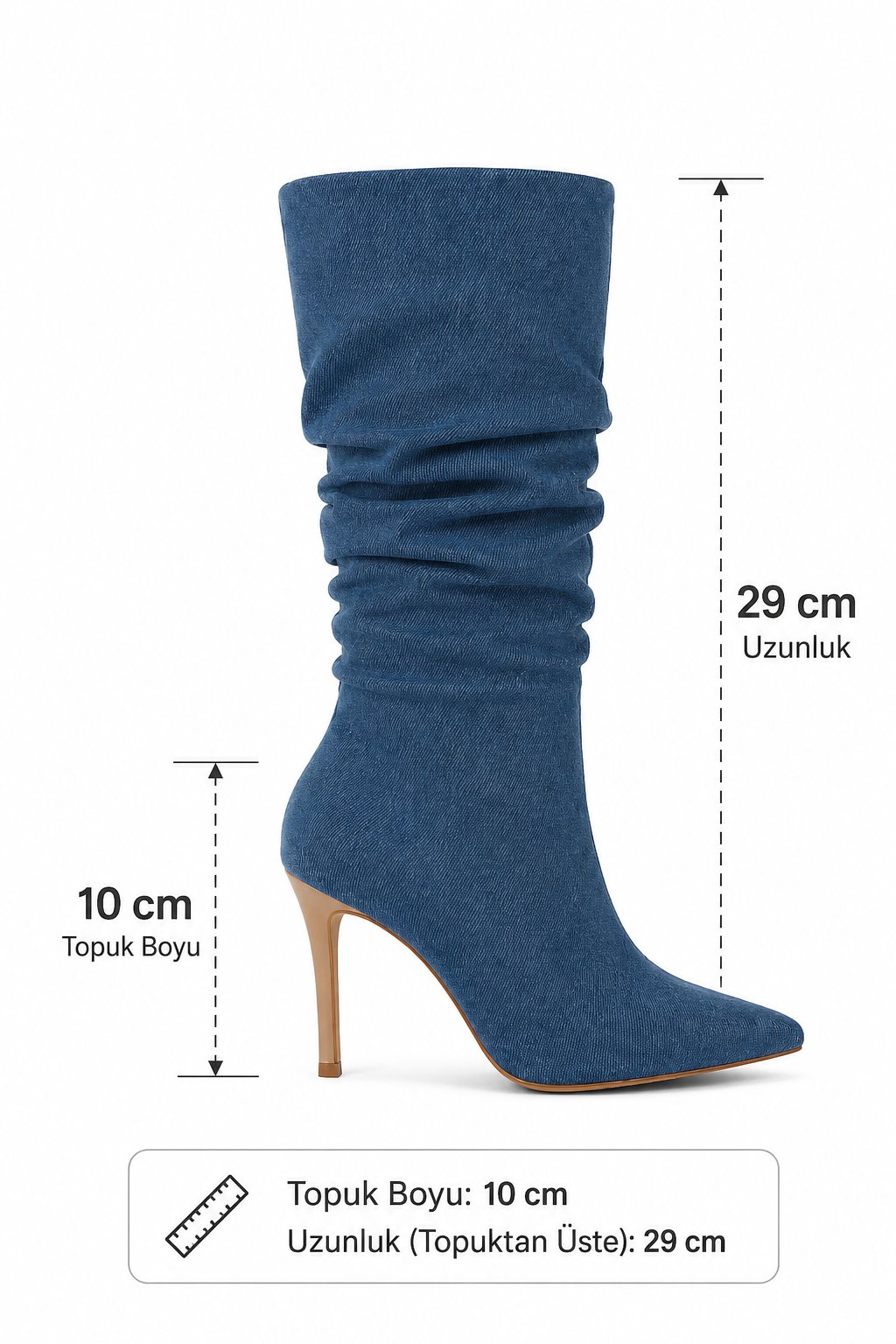 Denim Retro İnce Topuk Diz Altı Çizme - Topuklu Çizme