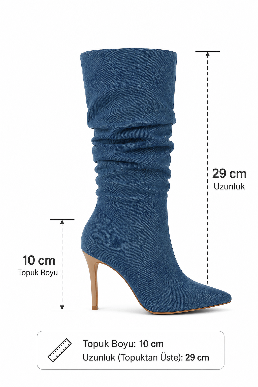 Denim Retro İnce Topuk Diz Altı Çizme - Topuklu Çizme