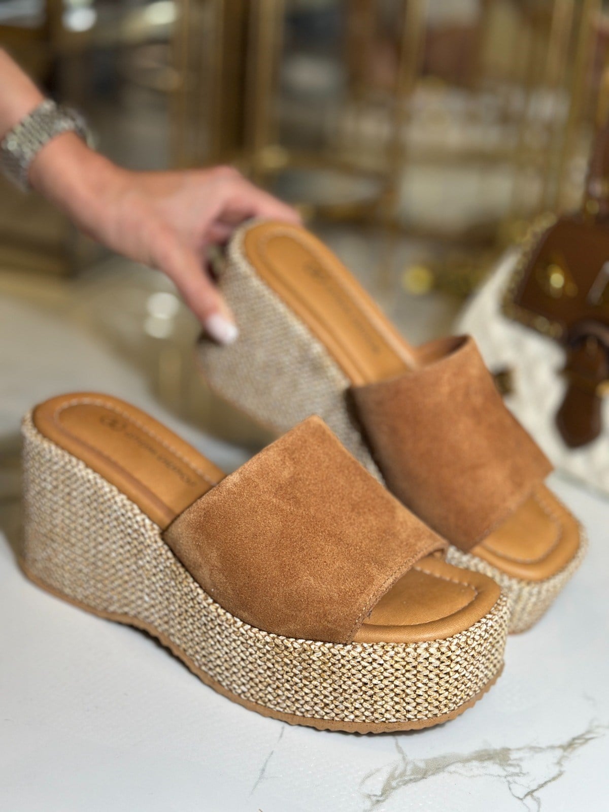 Deva Deri Dolgu Topuk Hasır Terlik Taba - Yüksek Taban Terlik