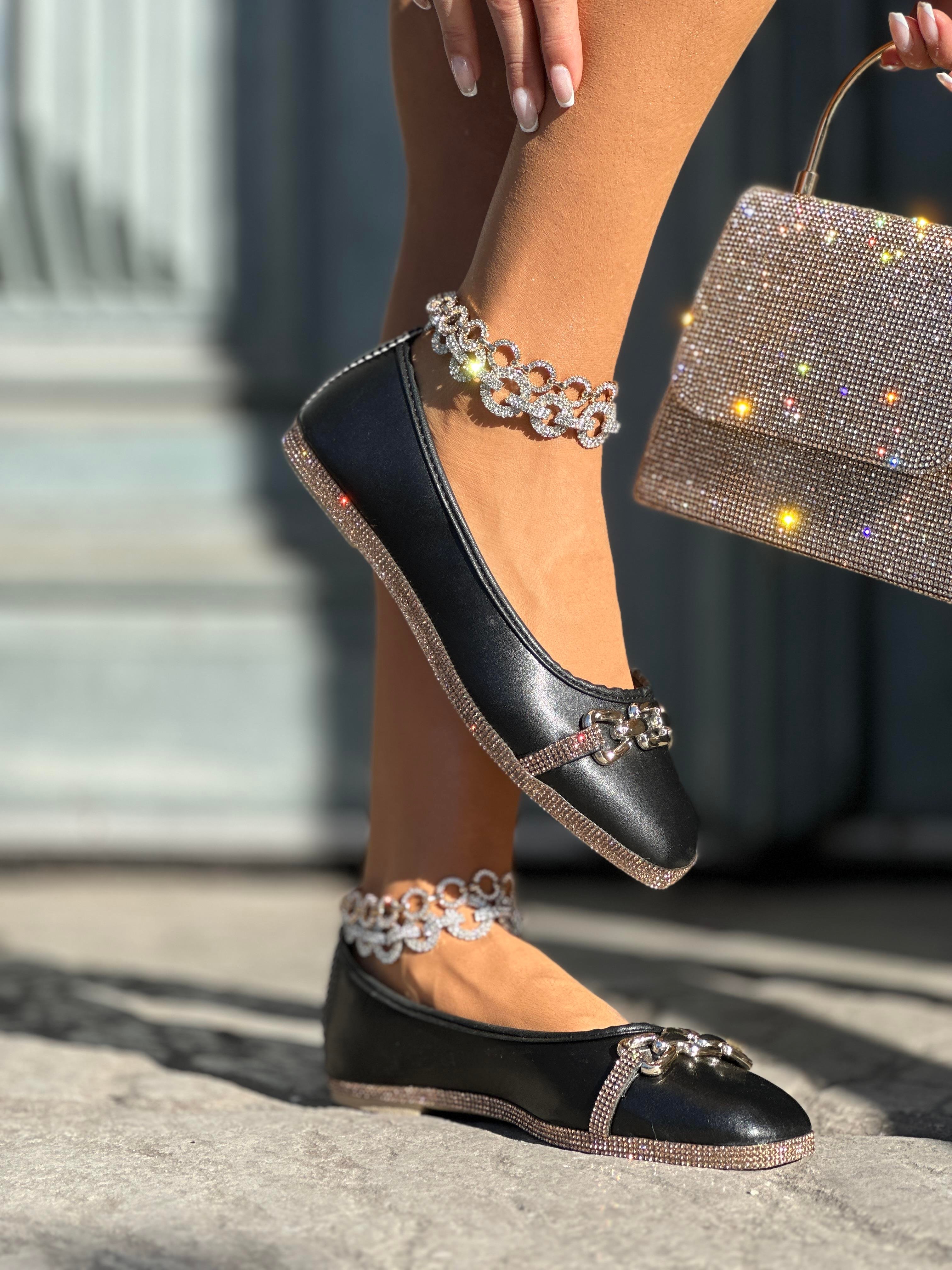 Diza Kristal Taşlı Babet Siyah - KADIN AYAKKABI