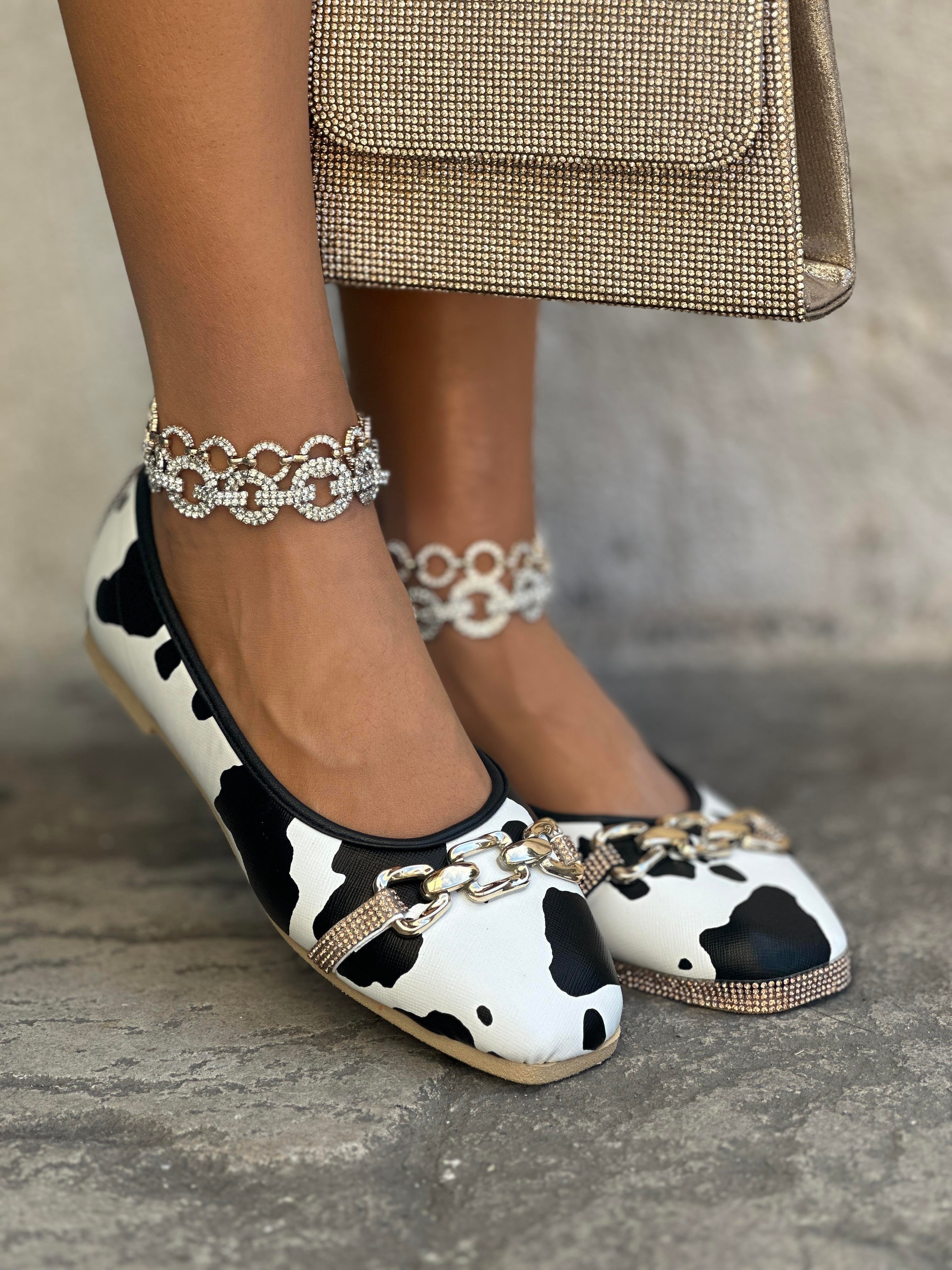 Diza Kristal Taşlı Desenli Babet Beyaz Siyah - KADIN AYAKKABI