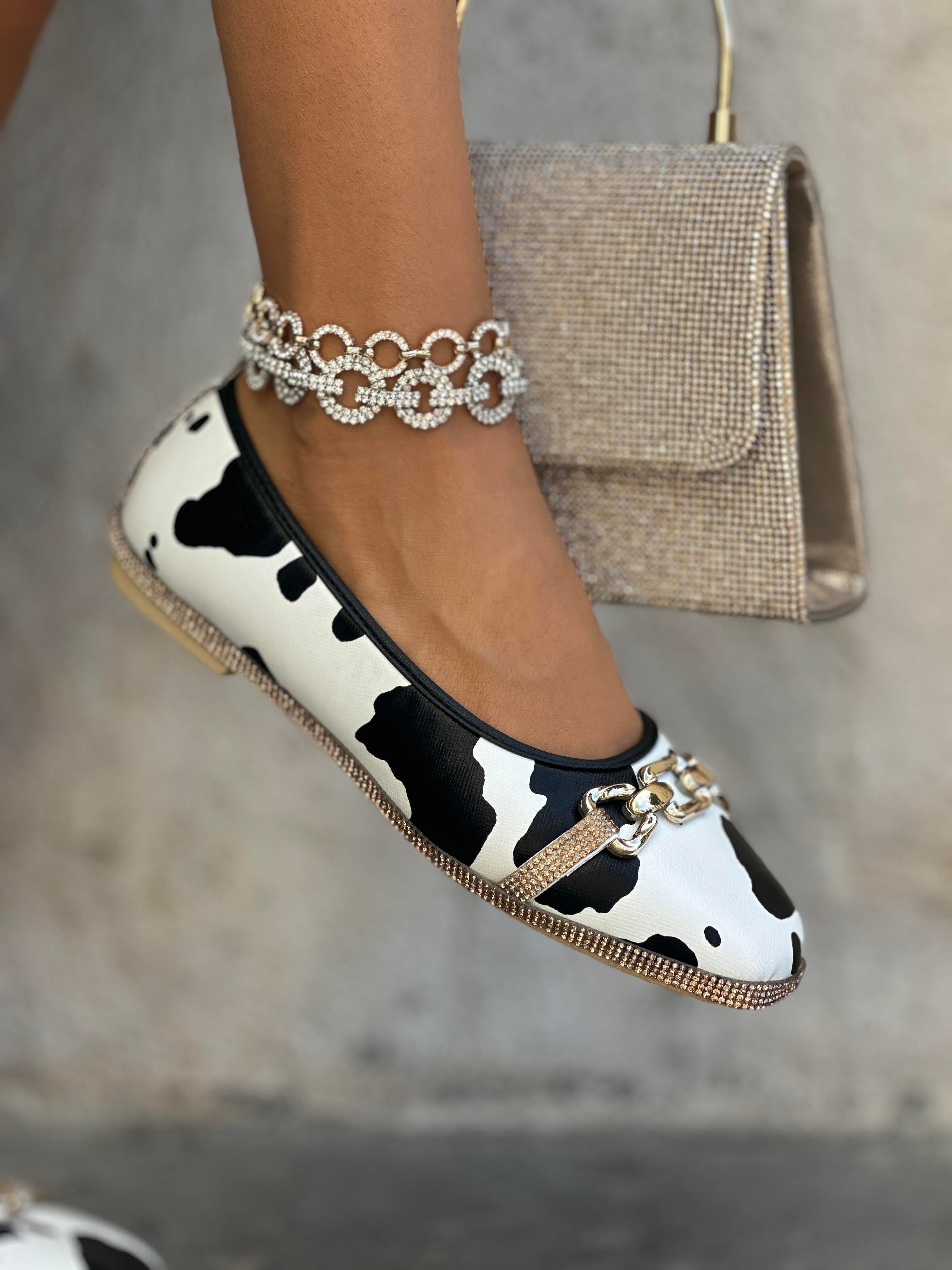 Diza Kristal Taşlı Desenli Babet Beyaz Siyah - KADIN AYAKKABI