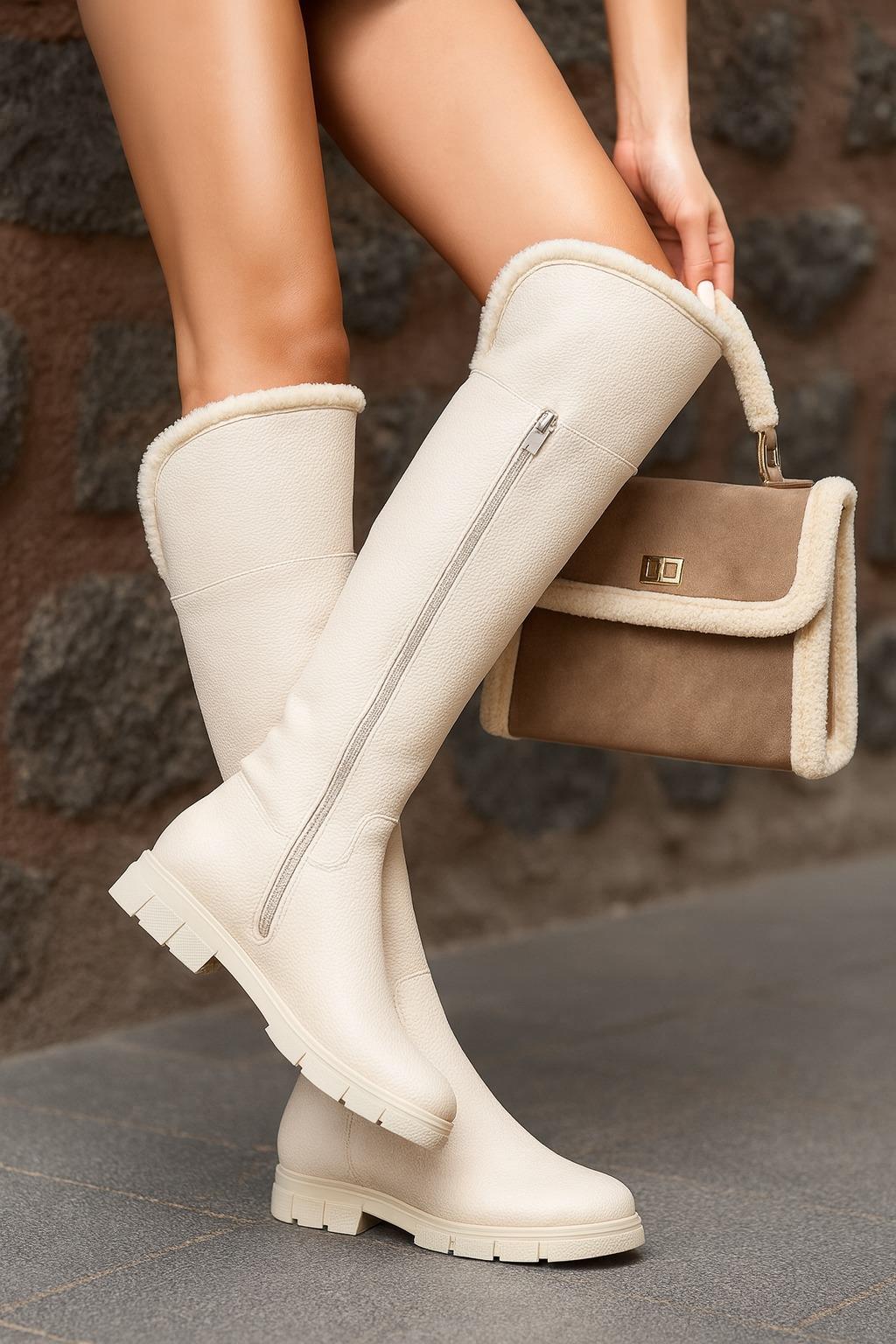 Dokka Diz Üstü Uzun Çizme Bej - Düz Çizme