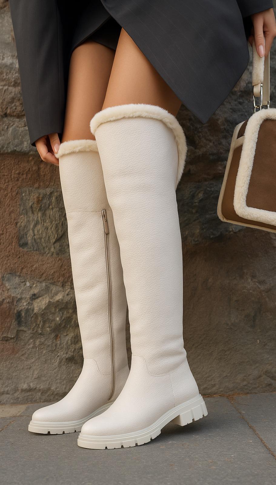 Dokka Diz Üstü Uzun Çizme Bej - Düz Çizme