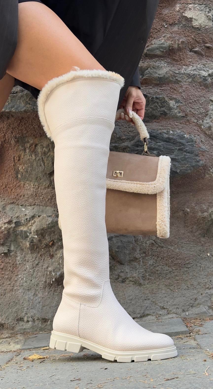 Dokka Diz Üstü Uzun Çizme Bej - Düz Çizme