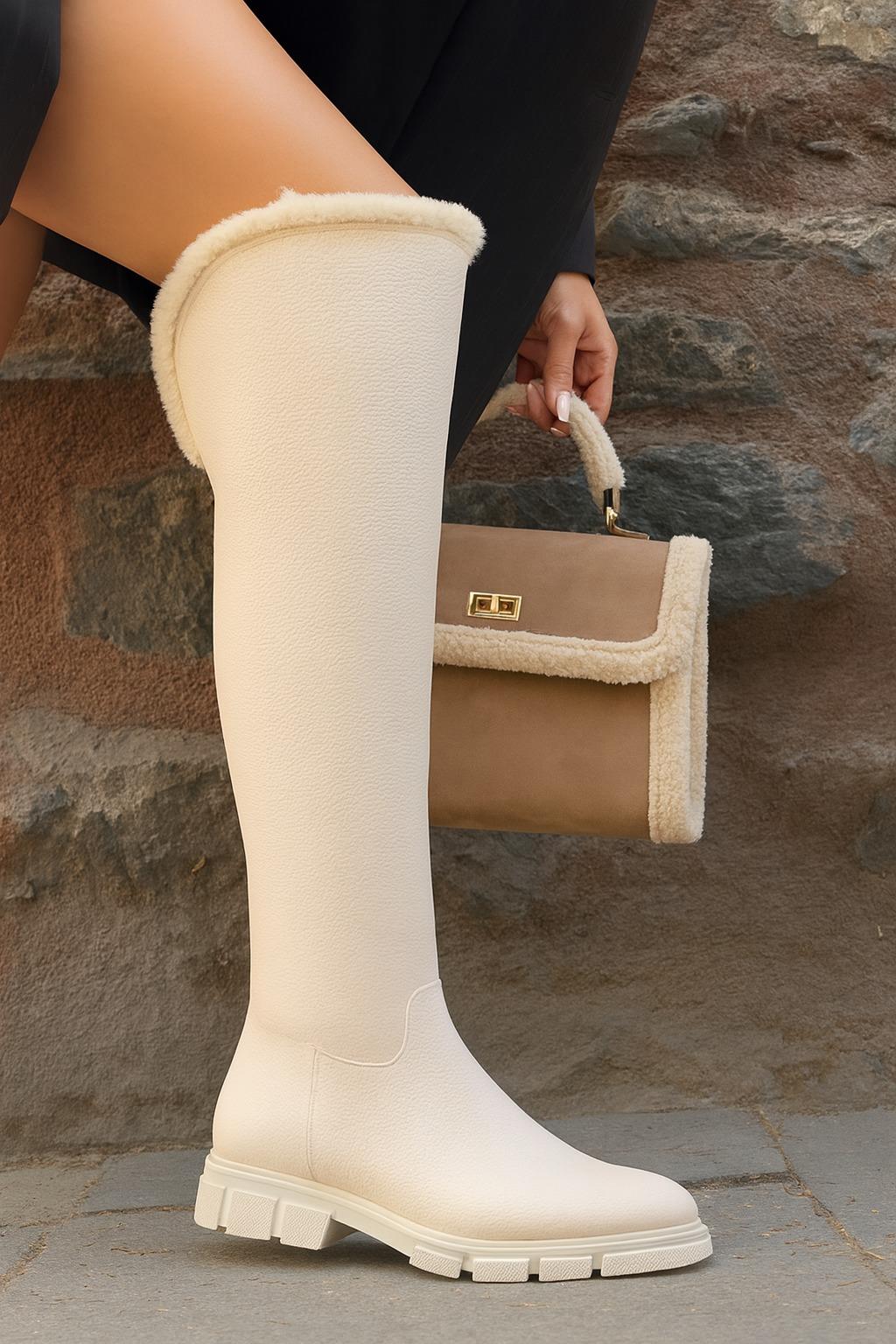 Dokka Diz Üstü Uzun Çizme Bej - Düz Çizme