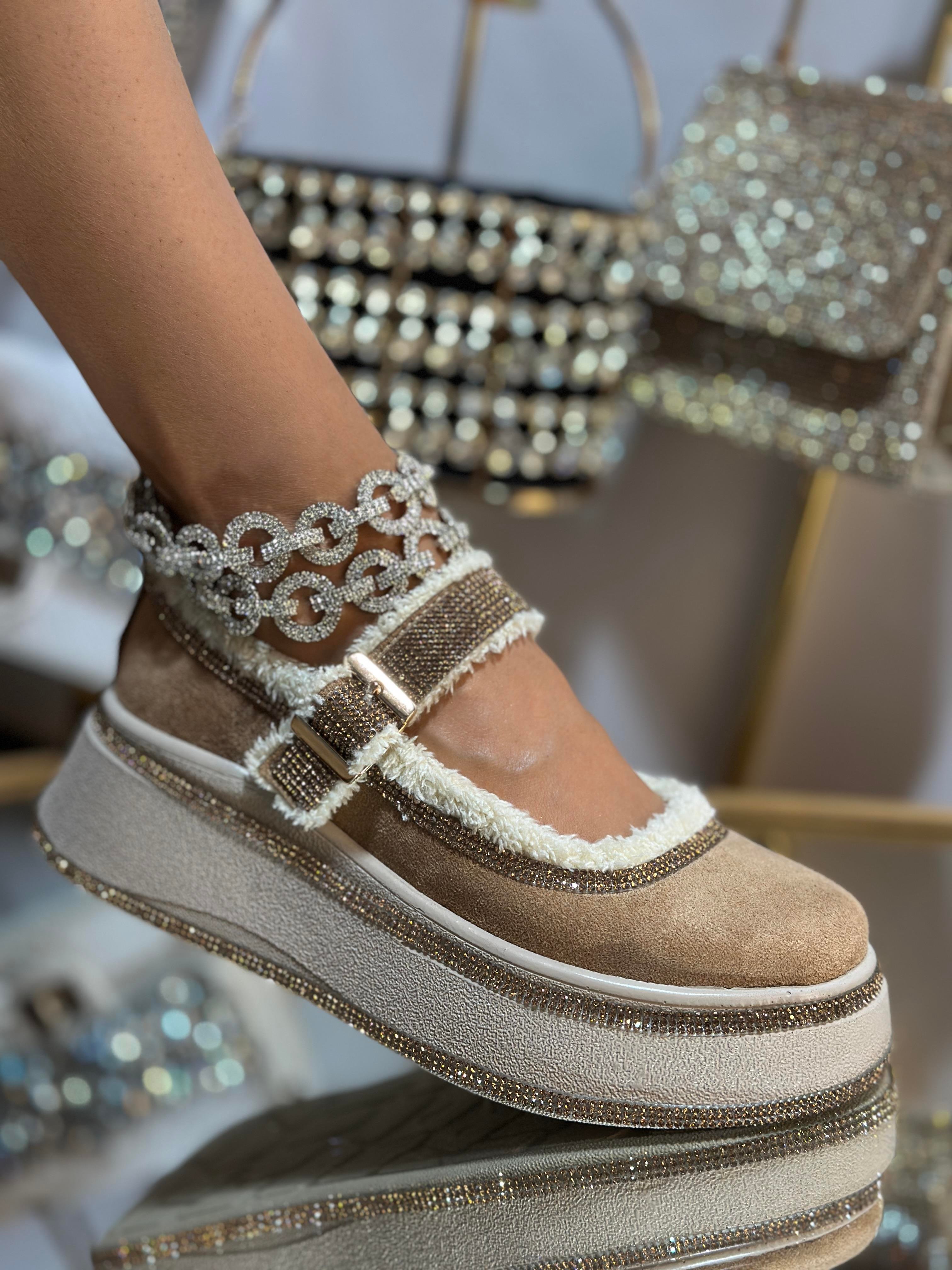 Dors Kristal Taşlı Süet Loafer Kahverengi - WOMAN SHOES