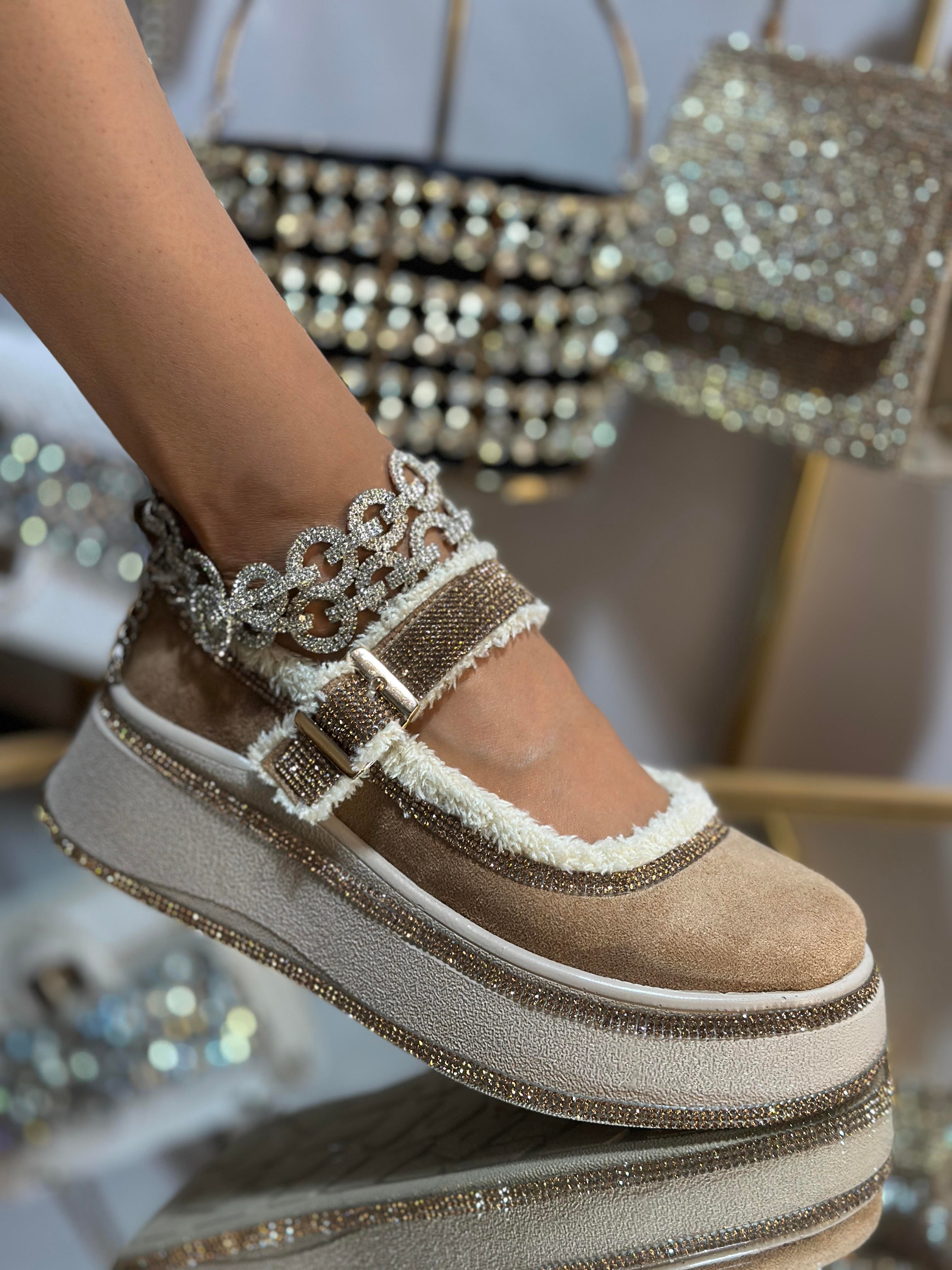 Dors Kristal Taşlı Süet Loafer Kahverengi - WOMAN SHOES