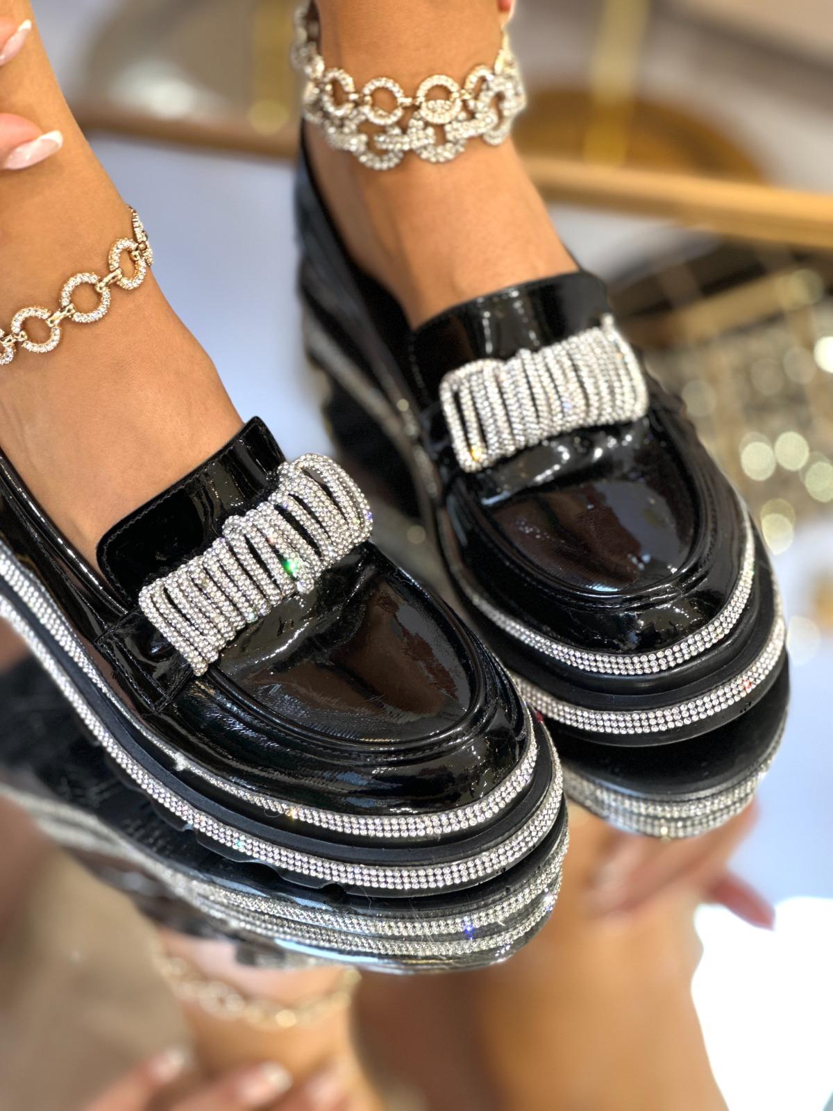 Dulya Kristal Taşlı Rugan Loafer Siyah - WOMAN SHOES