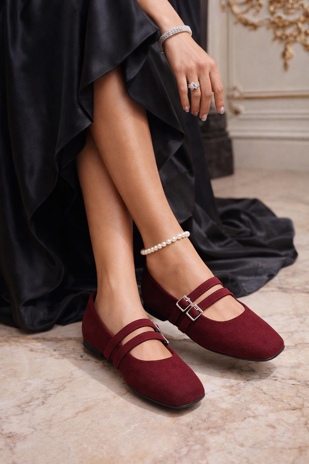 Duo Strap Mary Jane Babet Bordo - Düz Babet