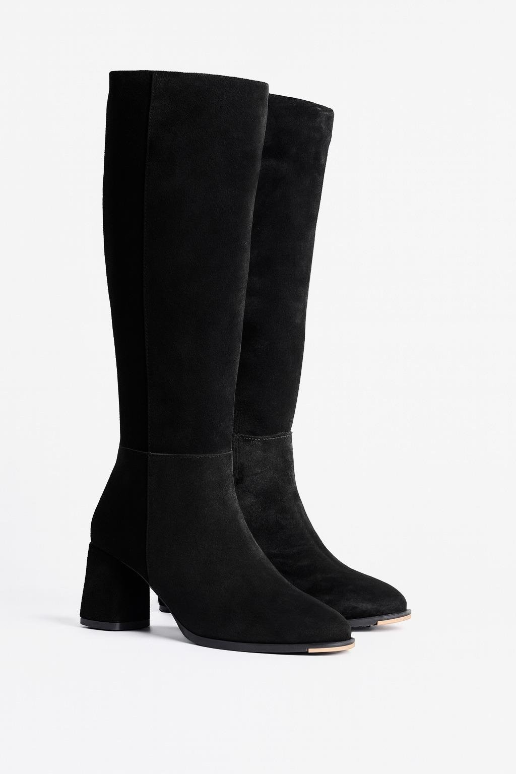Elay Hakiki Süet Kalın Topuk Diz Altı Çizme Siyah - Topuklu Çizme