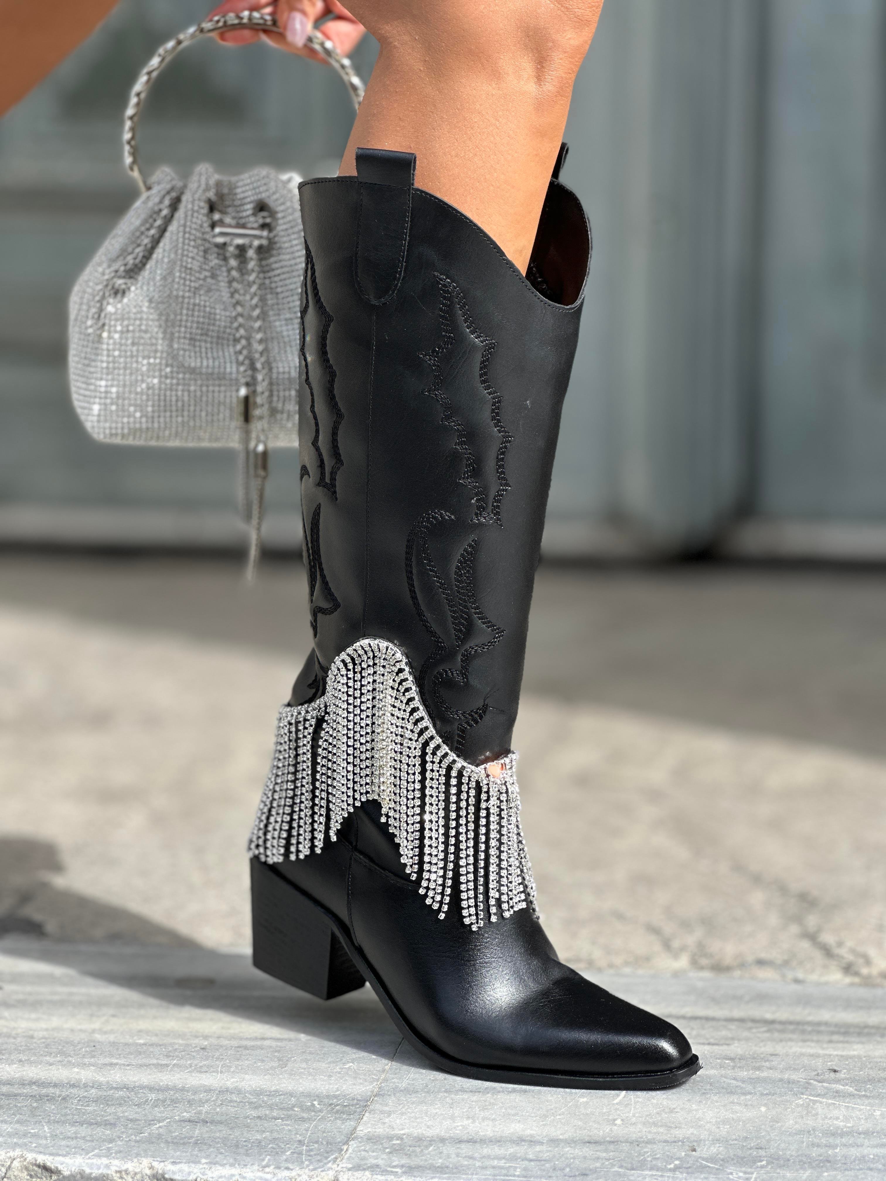 Elementa Kristal Taşlı Kovboy Çizme Siyah - LONG BOOTS