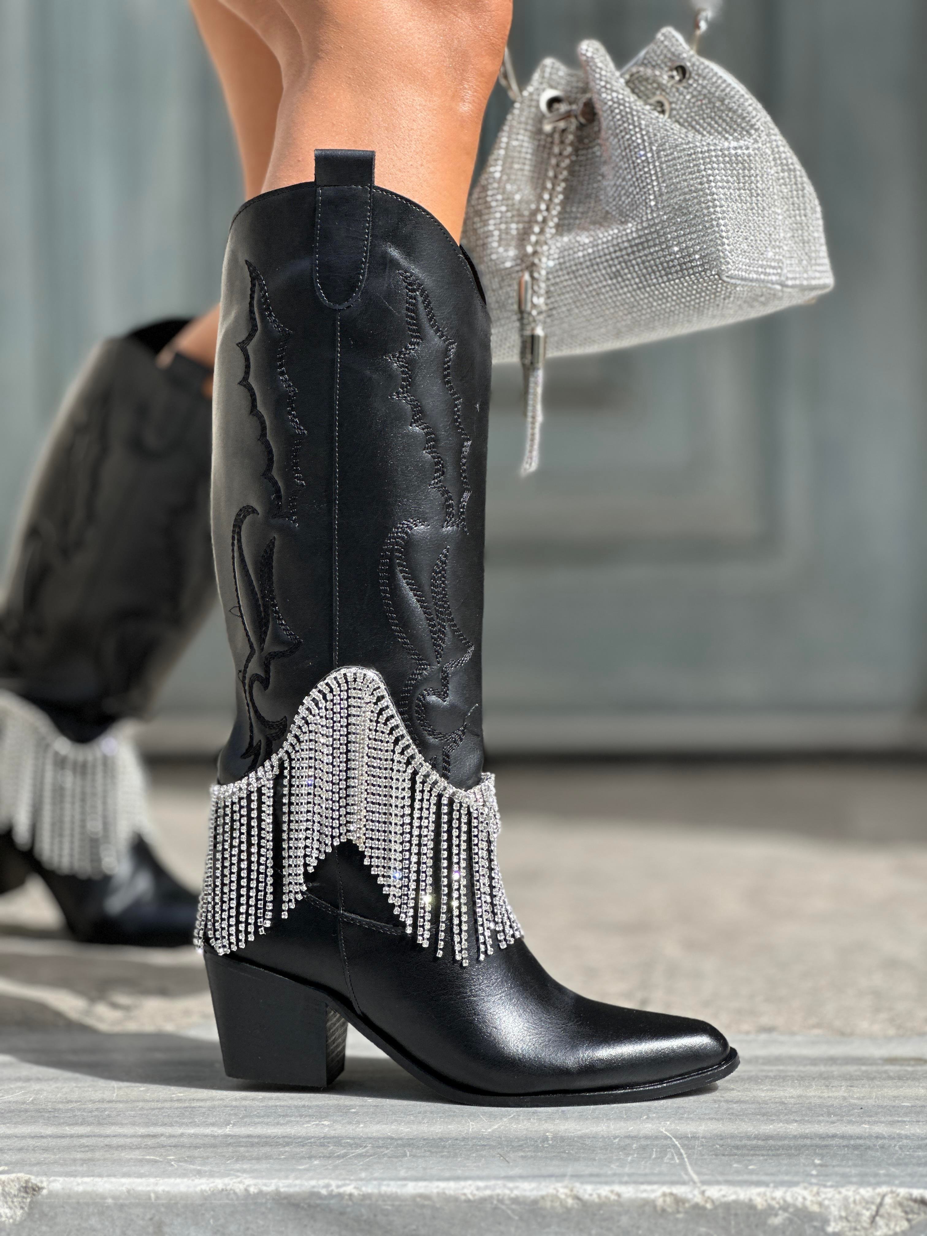 Elementa Kristal Taşlı Kovboy Çizme Siyah - LONG BOOTS