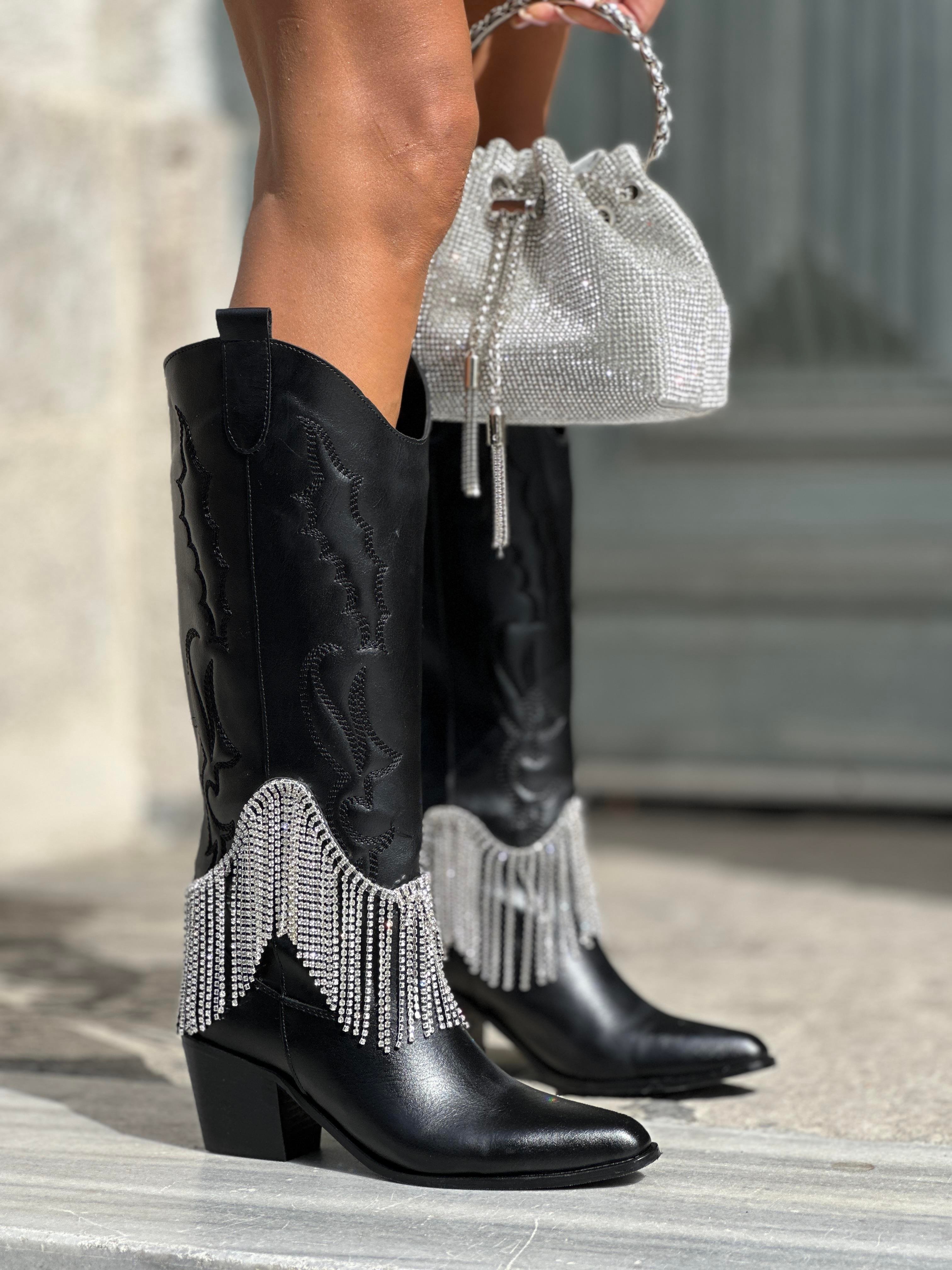 Elementa Kristal Taşlı Kovboy Çizme Siyah - LONG BOOTS