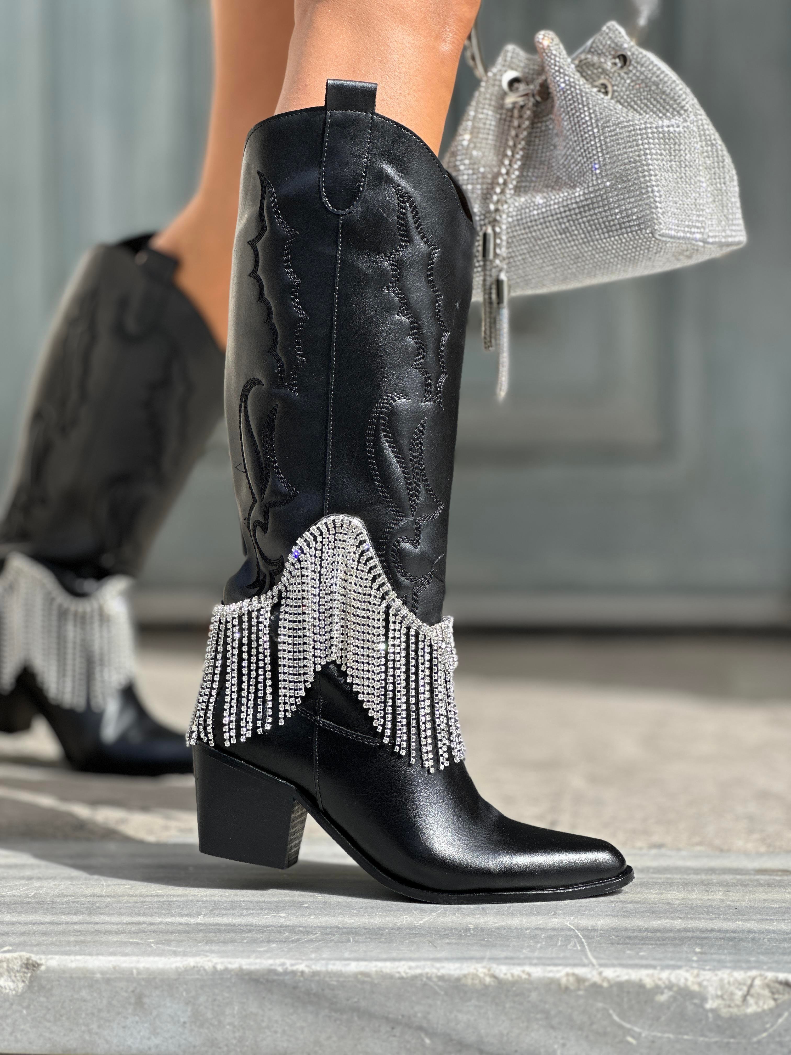 Elementa Kristal Taşlı Kovboy Çizme Siyah - LONG BOOTS