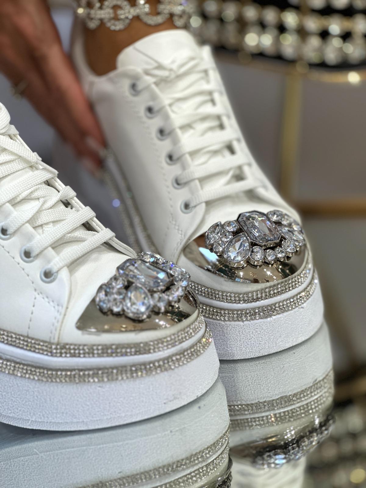 Ema Kristal Taşlı Özel Tasarım Spor Ayakkabı Beyaz - WOMAN SHOES