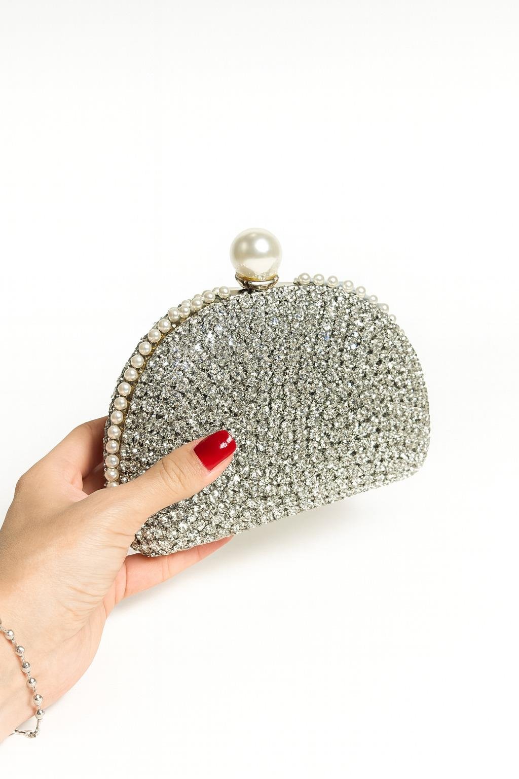 Ferhunde Kristal Çanta Gümüş - Taşlı Çanta