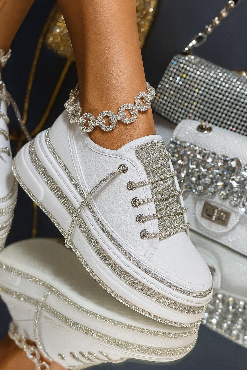 Find Kristal Taşlı Keten Spor Ayakkabı Beyaz - WOMAN SHOES