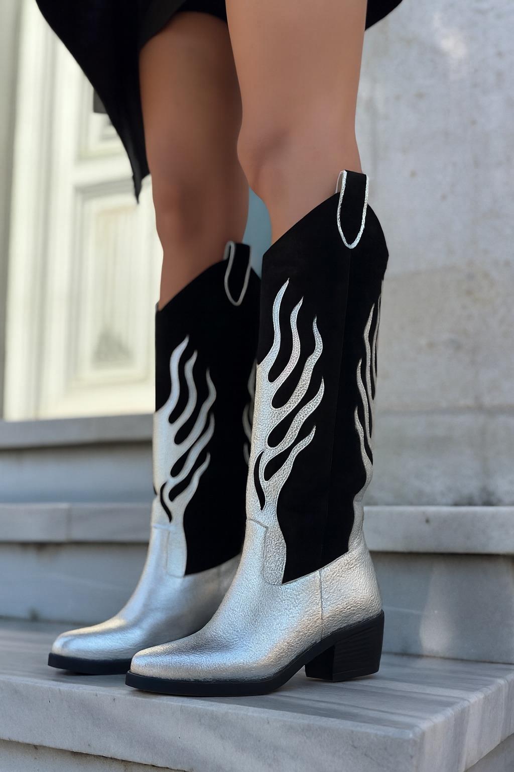Fire Hakiki Deri Kovboy Çizme Gümüş - Cowboy Çizme